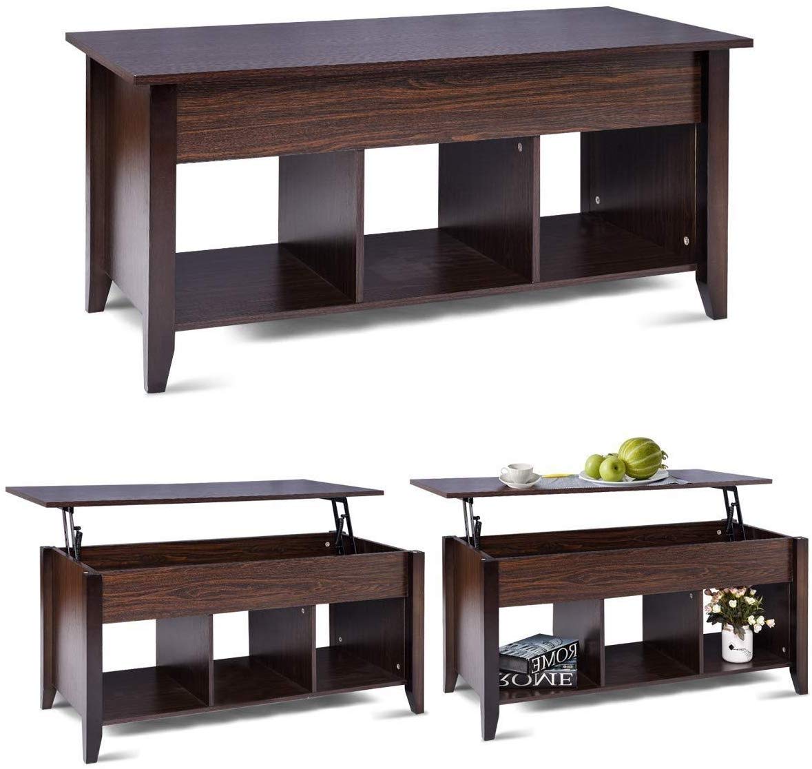 Modern Lift Top Coffee Table with Hidden Storage - Solid Wood Lift-Top Coffee Table for Living Room, Home Office, Dining - Brown Lift Table with Compartment for Books & Remotes