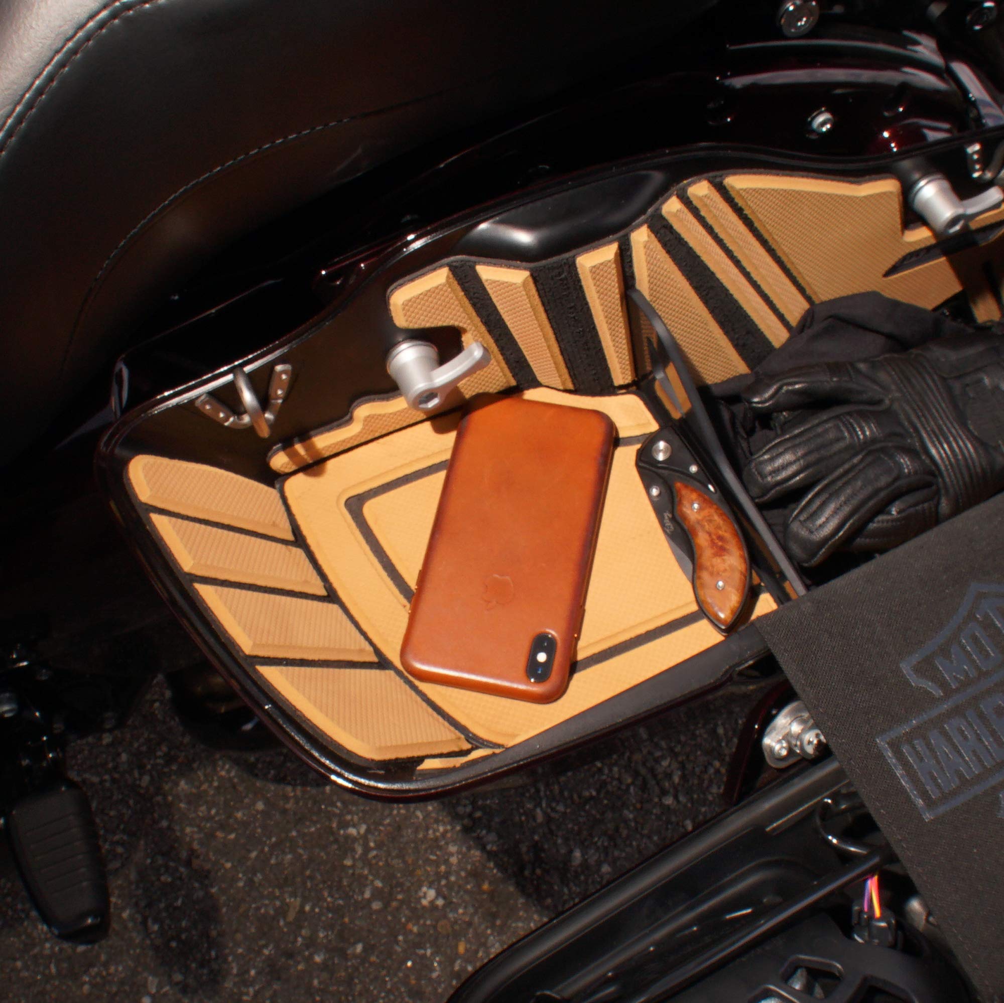 RYT-THERE Saddle Bag Shelf Set (Tan) - 2 Pack Left & Right Organizer for Harley Davidson 2014-2021 Road Glide, Street Glide, Ultra Glide, Road King & CVO Models - Motorcycle Saddlebag Storage Solution for Easy Access & Organization on Long Rides