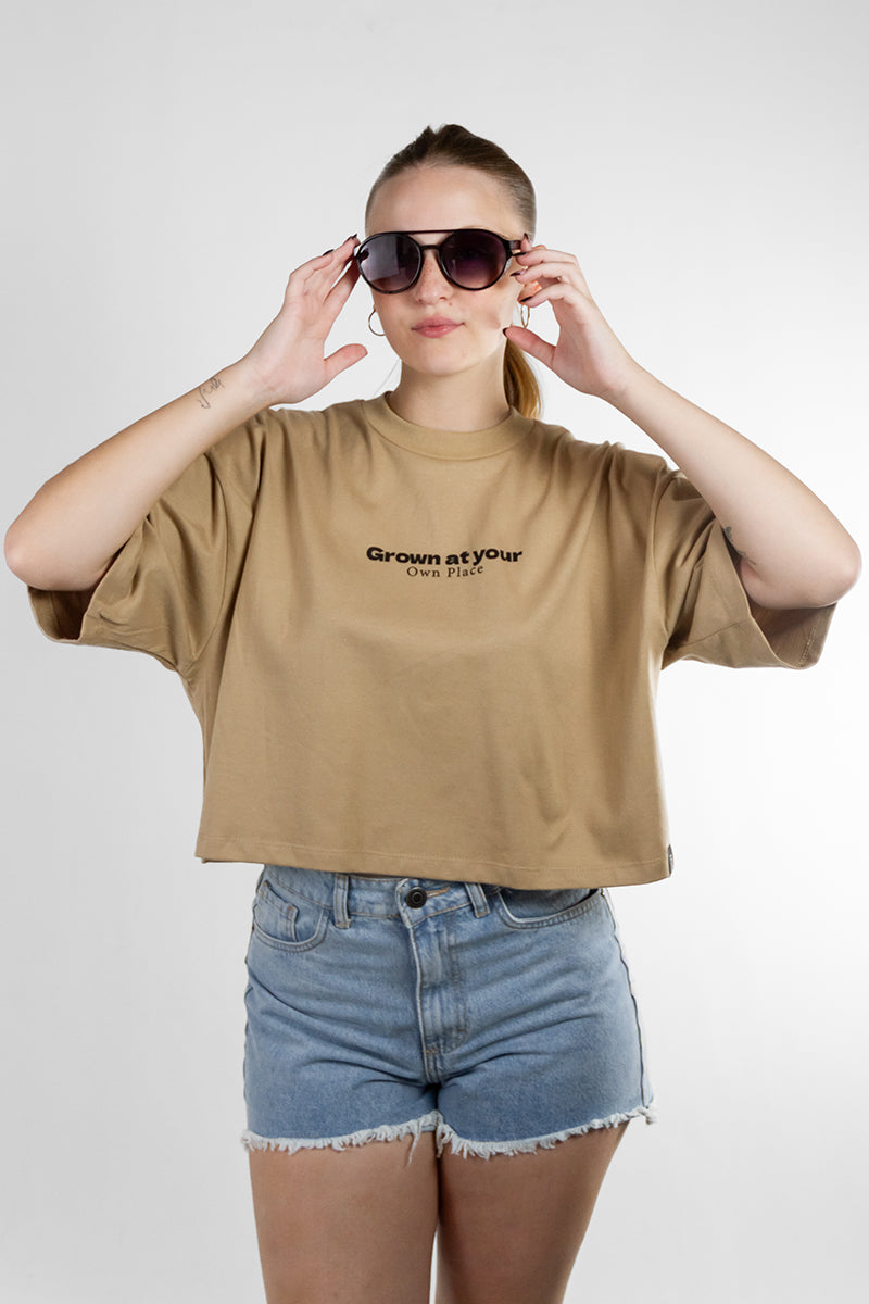 Ocn M Boxy Tee - Women's Oversized Cotton T-Shirt in Beige | Casual Streetwear, Loungewear & Everyday Comfort Wear