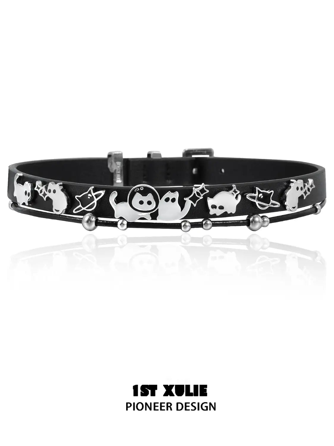 18K Black Gold Plated Leather Choker Necklace with Ghost & Black Cat Design - Gothic Jewelry for Women, Halloween Costume Accessory, Party Wear