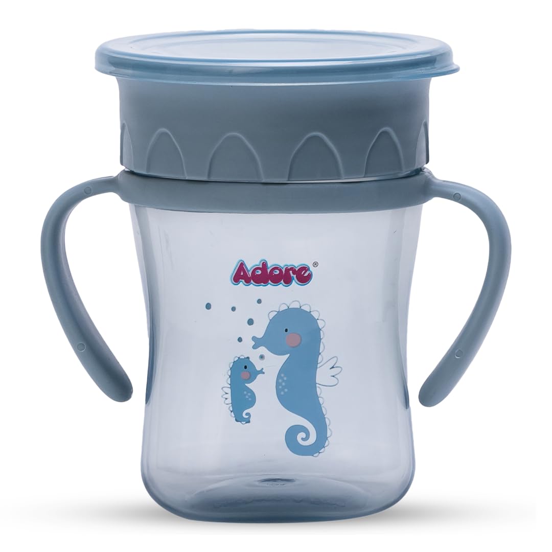 Adore Magic 360 Spoutless Sipper Cup with Handle - Leak Proof Baby Water Bottle for 6-12 Months | Anti Spill Straw Cup for Toddlers & Kids | BPA Free Spill Proof Training Cup (250ml, Blue) - Perfect for Daycare, Travel & Learning to Drink Independently