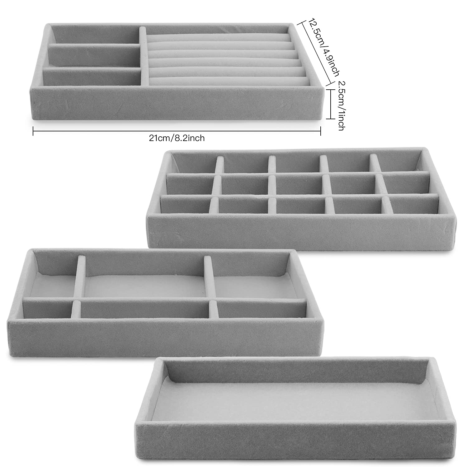 Velvet Jewelry Organizer Trays - 4 Pack Stackable Drawer Storage for Earrings, Necklaces, Bracelets & Rings | Perfect for Bedroom, Bathroom & Travel Accessory Organization