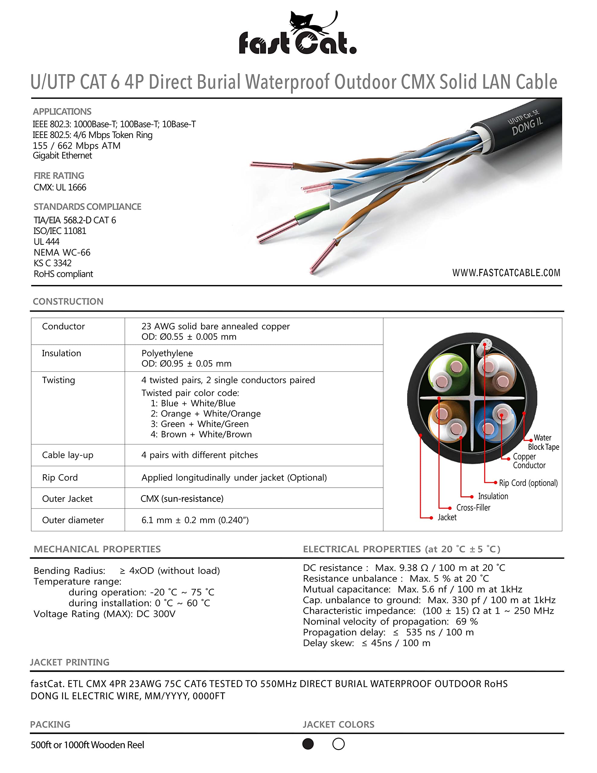 500Ft Cat6 Direct Burial Outdoor Ethernet Cable - 23AWG Solid Copper Waterproof CMX UTP 550MHz Heavy Duty Network Cable for Gaming, Streaming & Home Office - Black - Perfect for Underground Wiring & Outdoor Networking