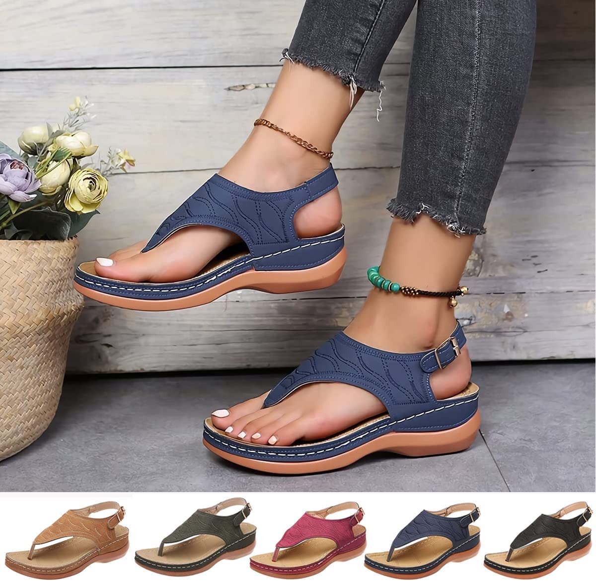 Lisgai Dimleen Women's Orthopedic Sandals - Comfortable Arch Support Flat Thong Flip Flops with Adjustable Straps | Best for Plantar Fasciitis, Heel Pain Relief & Everyday Walking Comfort