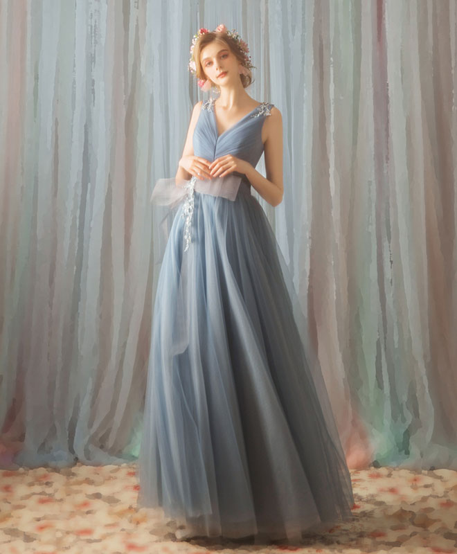 Elegant Blue V-Neck Tulle Lace Long Prom Dress for Women - Formal Evening Gown for Homecoming, Ball, Wedding & Special Occasions