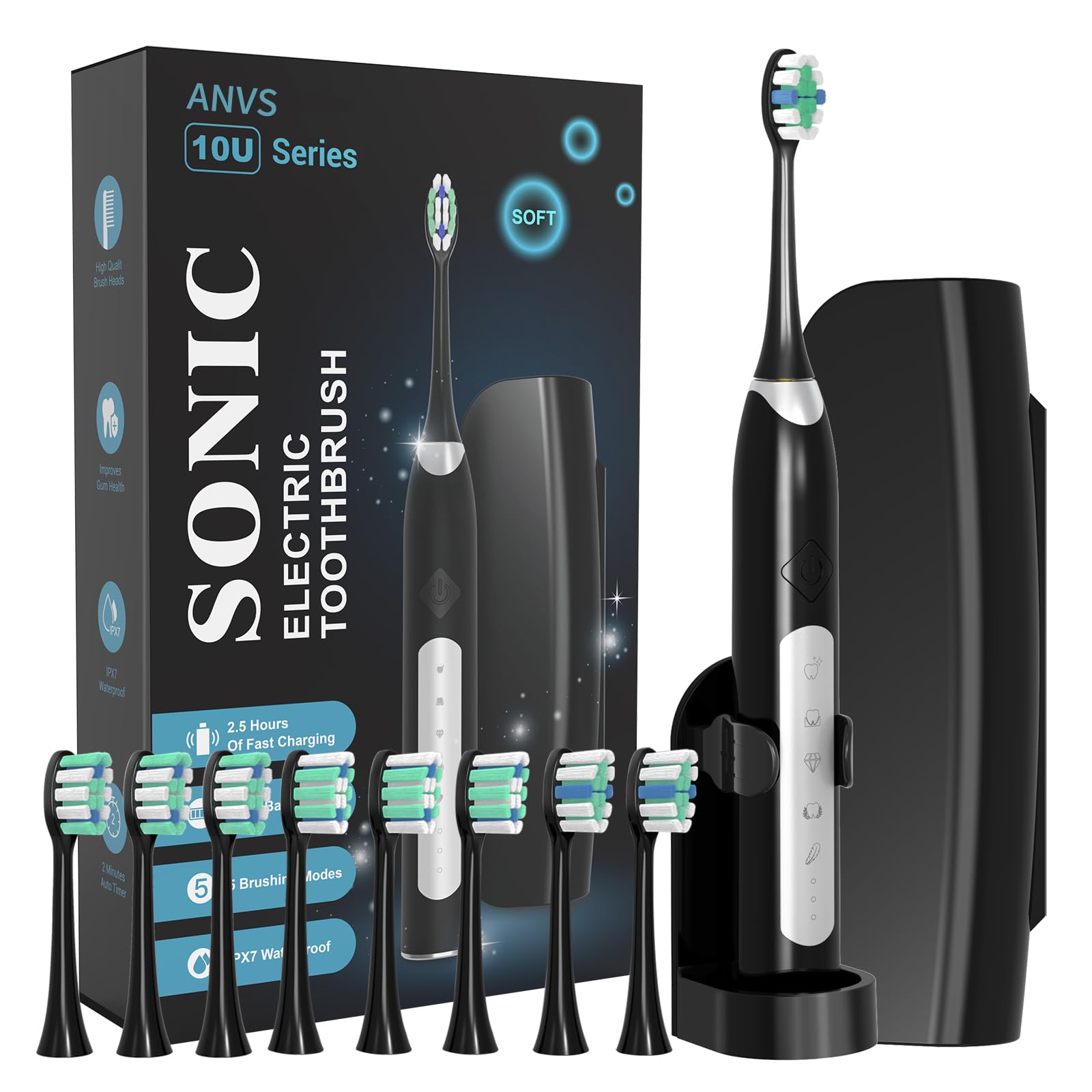 ANVS Sonic Electric Toothbrush for Adults - Rechargeable Toothbrush with 8 Brush Heads, Travel Case & Holder | 90-Day Battery Life, Fast Charging & Whitening Power | Perfect for Travel, Home & Daily Oral Care (Black)