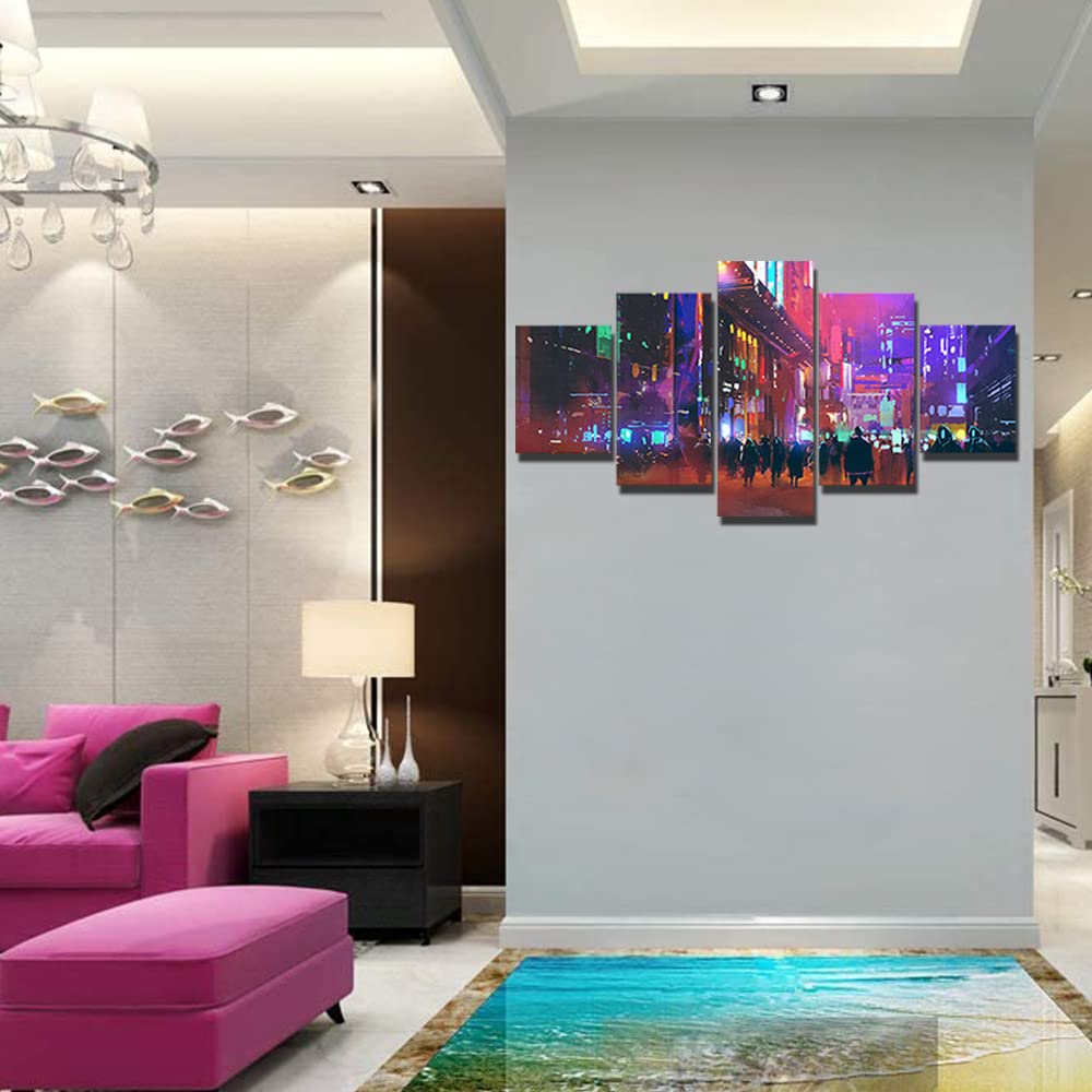 Cyberpunk City Wall Art - Neon Street Canvas Painting for Living Room & Bedroom Decor - 5-Piece Framed Set (50