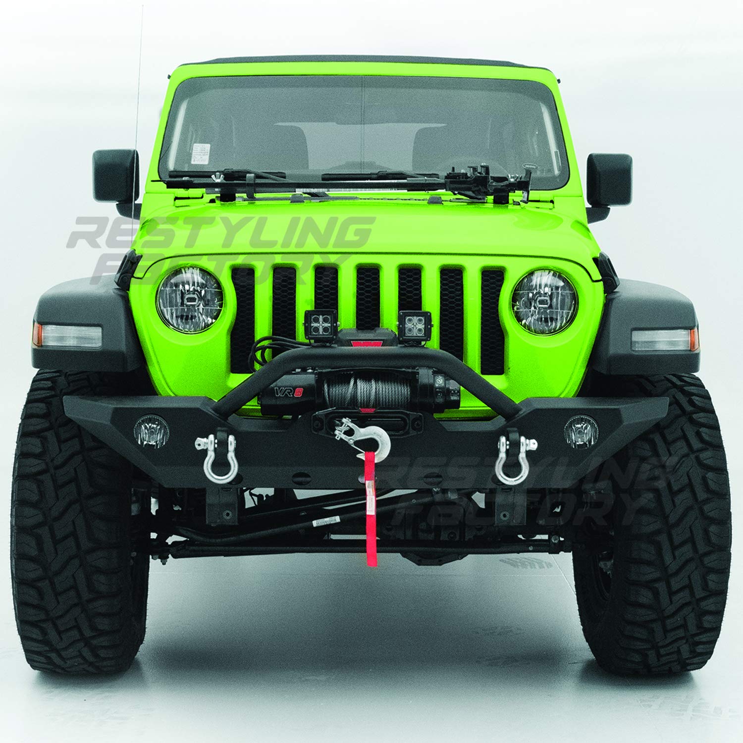 Black Textured Front Bumper with Fog Light Holes, 2 D-Ring Shackles & Winch Plate Compatible with 2018-2021 Jeep Wrangler JL - Heavy Duty Off-Road Protection for Trail Riding & Rock Crawling