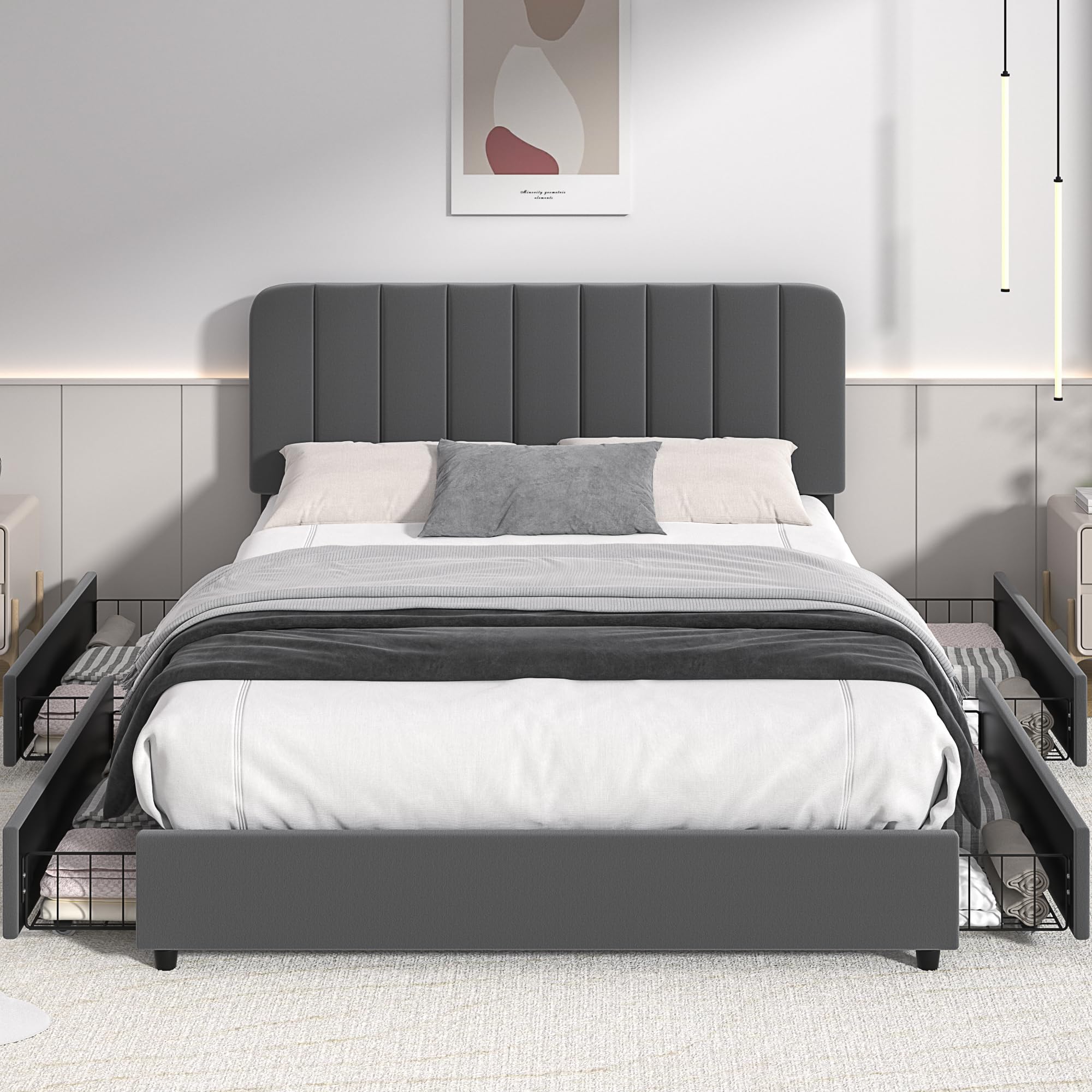VECELO Queen Size Upholstered Bed Frame with 4 Storage Drawers & Adjustable Headboard - Velvet Platform Bed Frame with Wooden Slats Support, No Box Spring Needed - Dark Grey Luxury Bed for Master Bedroom or Guest Room