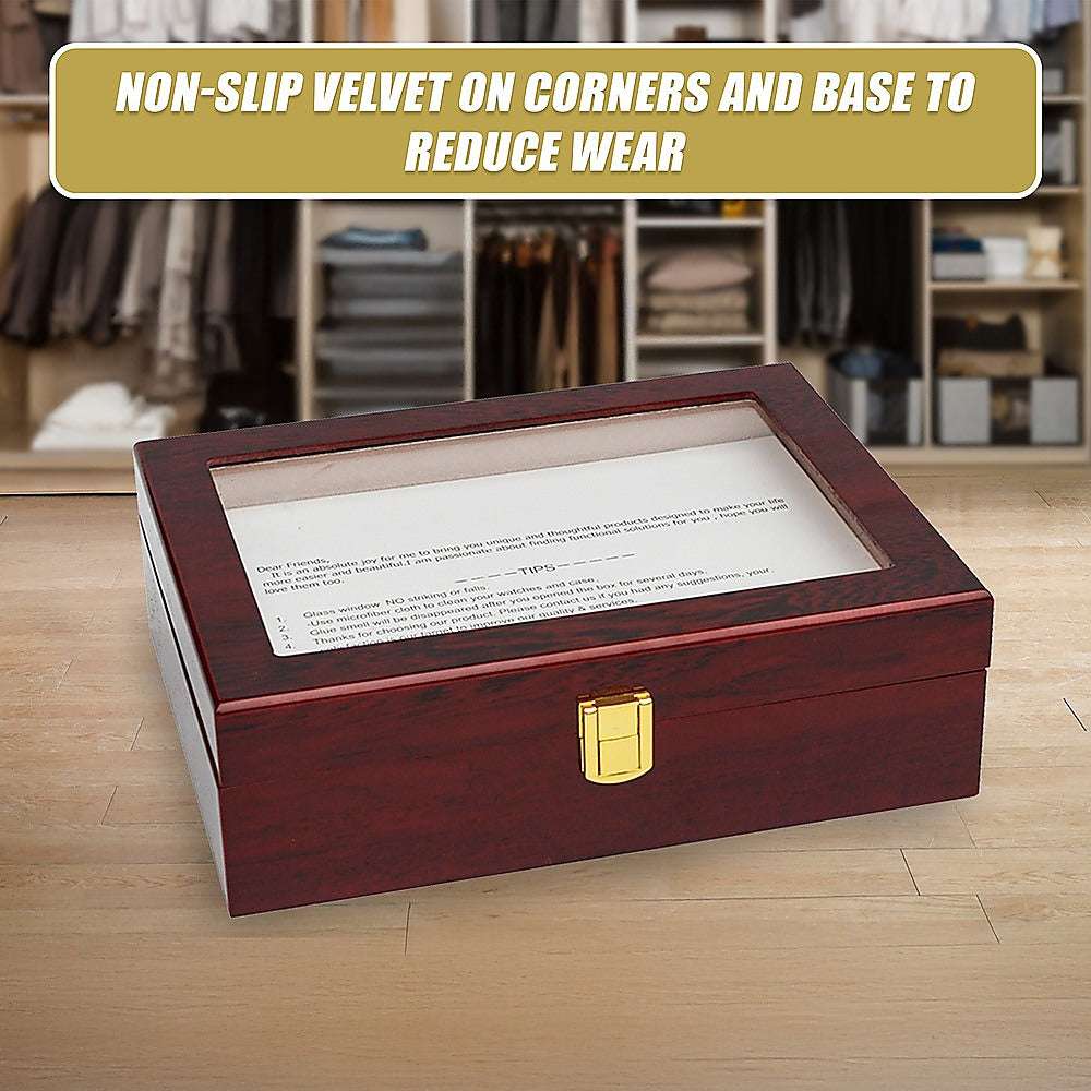 10-Slot Wooden Watch Display Case with Glass Top - Jewelry Storage Box for Watches, Rings, Necklaces - Perfect for Home, Office, and Retail Store Display