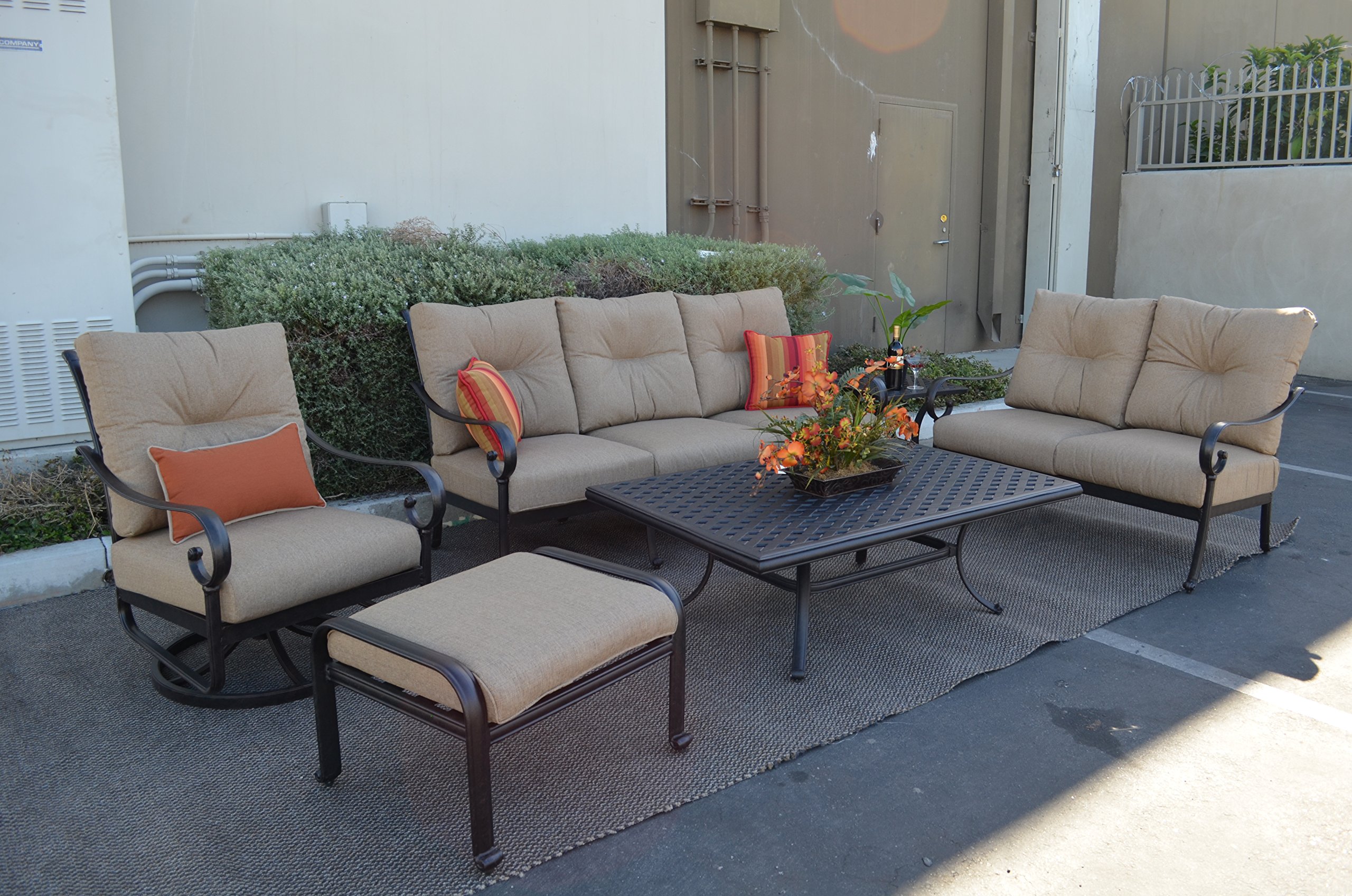 Santa Anita Outdoor Patio 6-Piece Seating Set - Dark Bronze Cast Aluminum with Sunbrella Cushions - Perfect for Backyard, Garden, and Poolside Relaxation