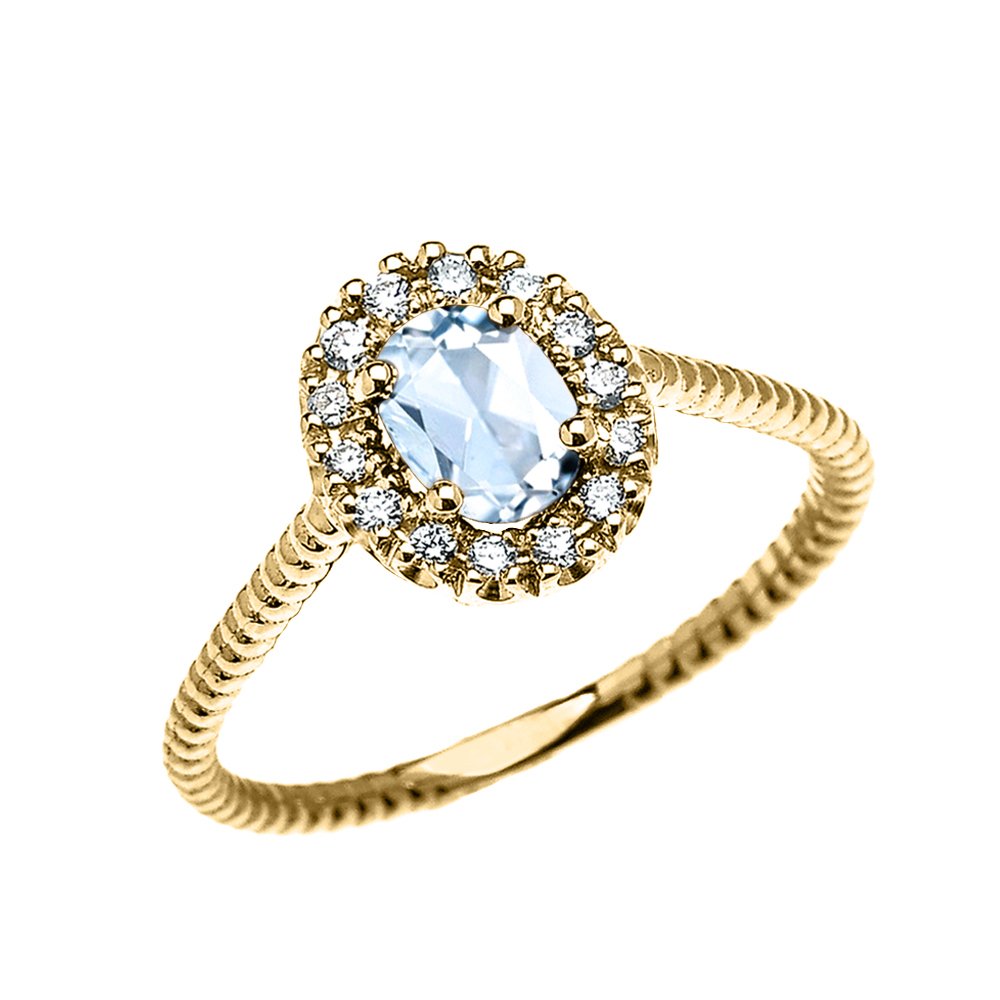 10K Yellow Gold Dainty Oval Halo Diamond and Solitaire Aquamarine Rope Design Engagement Ring - Elegant Promise Ring for Women, Perfect for Proposals, Anniversaries & Special Occasions