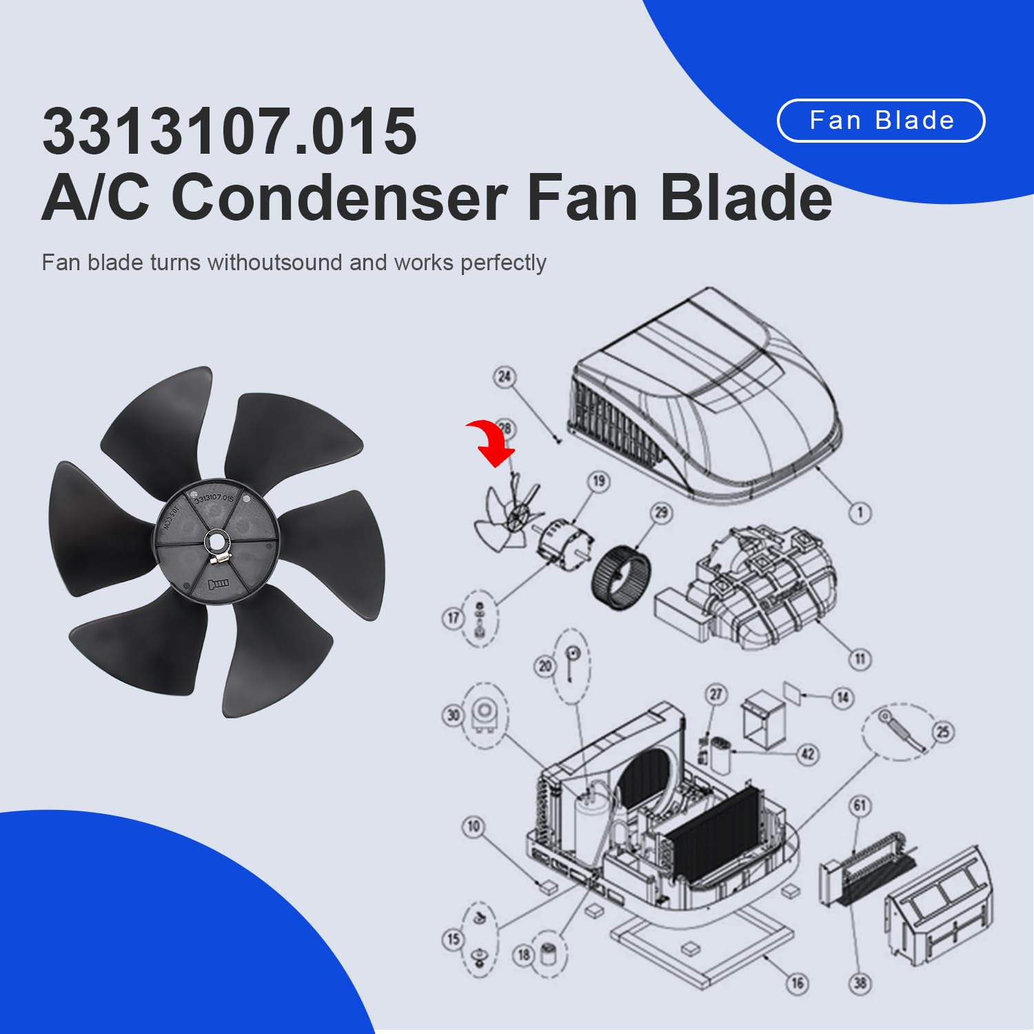 3313107.015 Replacement A/C Condenser Fan Blade - Compatible with Dometic Brisk Air & Duo-Therm RV Heat Pump & Air Conditioner Models 317937.000, 3107914.008 - Perfect for RV Cooling System Maintenance & Repair