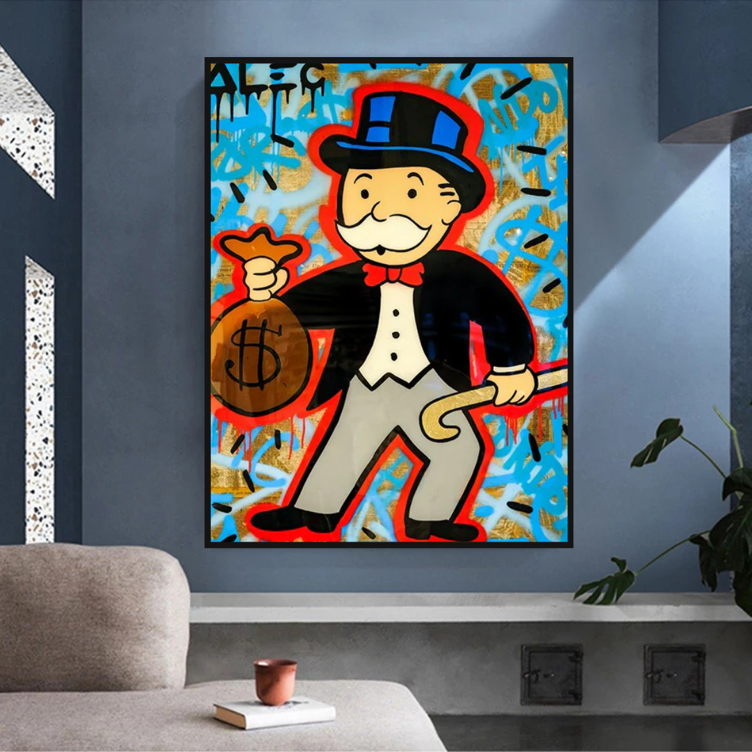 Alec Monopoly Money Bag Canvas Wall Art - Modern Pop Art Home Decor for Living Room, Bedroom & Office