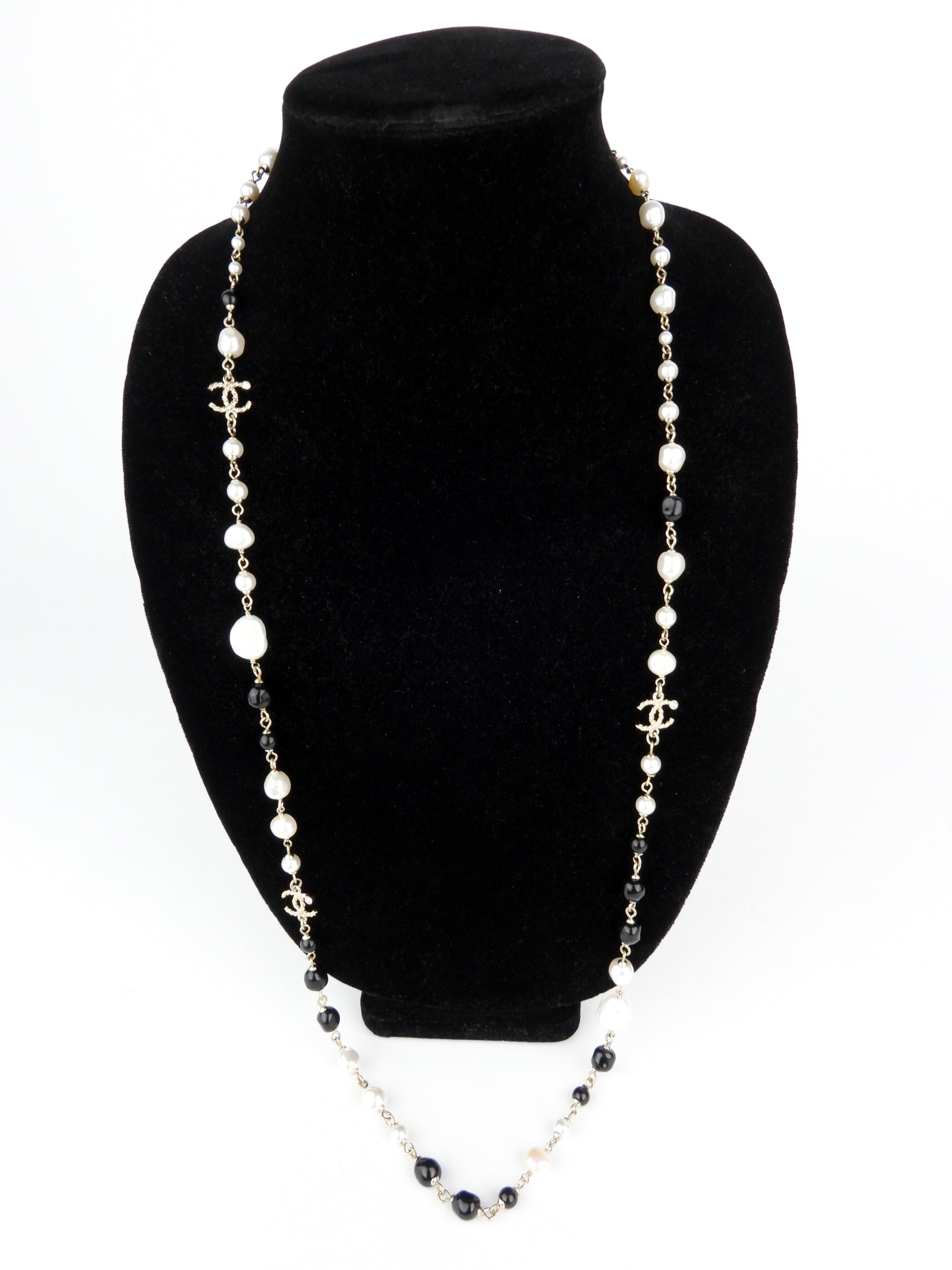 Chanel 19B Pearl Black Crystal Gold Tone CC Long Chain Necklace - Elegant Luxury Jewelry for Women, Perfect for Parties, Weddings & Special Occasions