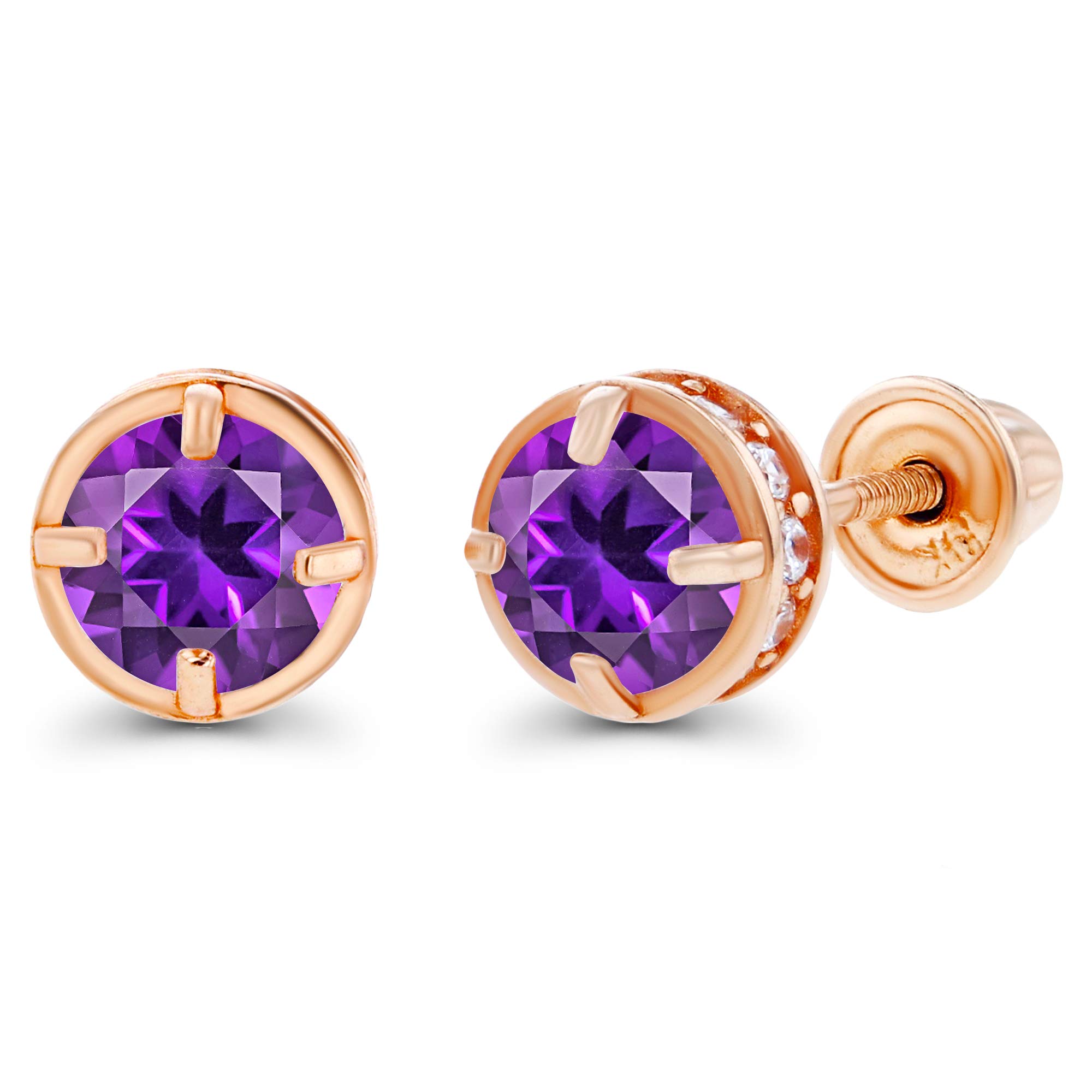 14K Solid Gold 5mm Round Natural Birthstone Screwback Stud Earrings for Women | Genuine 4mm Birthstone & 1mm Created White Sapphire Basket Earrings | Perfect Gift for Birthday, Anniversary & Everyday Elegance