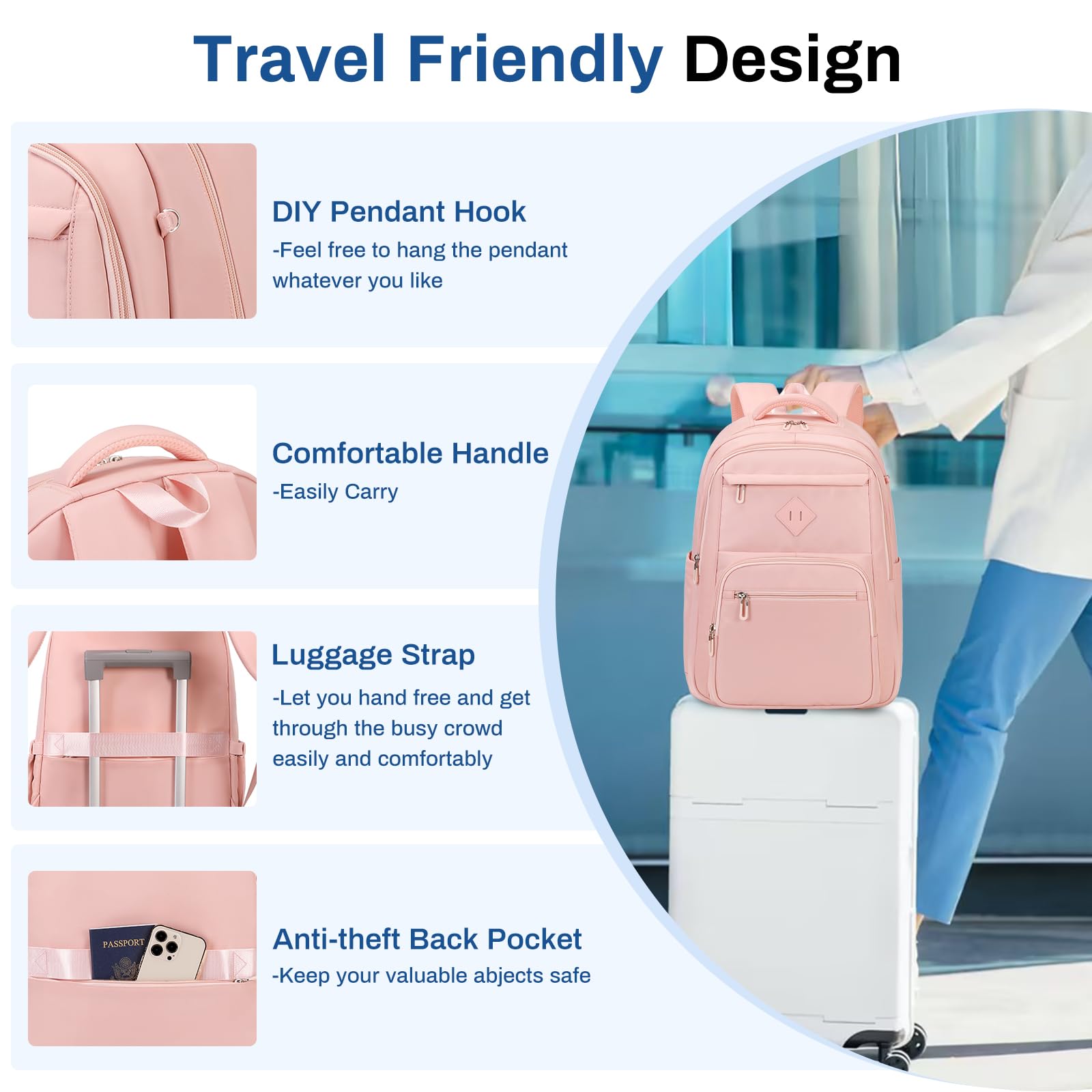 Lightweight Girls School Backpack for Teens - Pink Bookbag with Luggage Strap for College & Travel (Ages 8-18) | Perfect for School, Commuting & Weekend Getaways