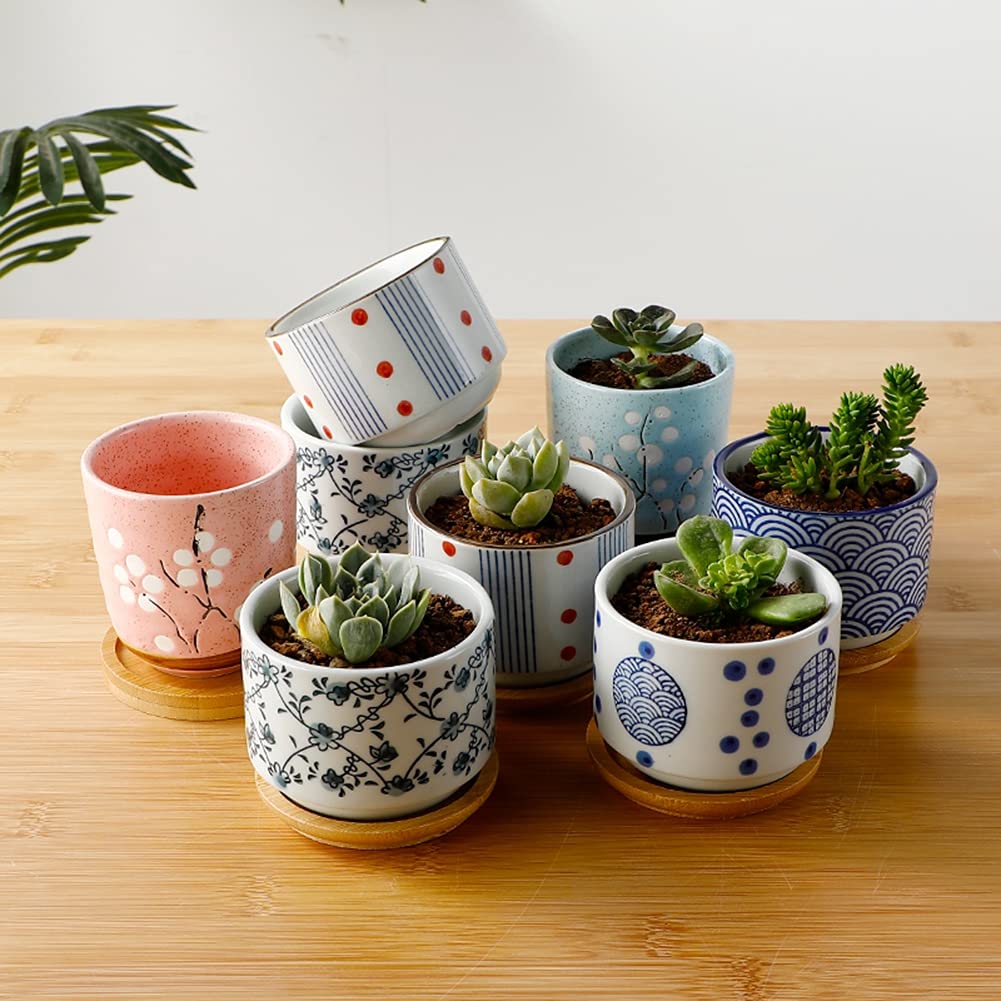 Ochine Small Ceramic Succulent Planter Pots with Drainage Hole & Bamboo Tray - Modern Cactus & Flower Pots for Home, Office Decor | Perfect for Windowsills, Desks & Gift Giving