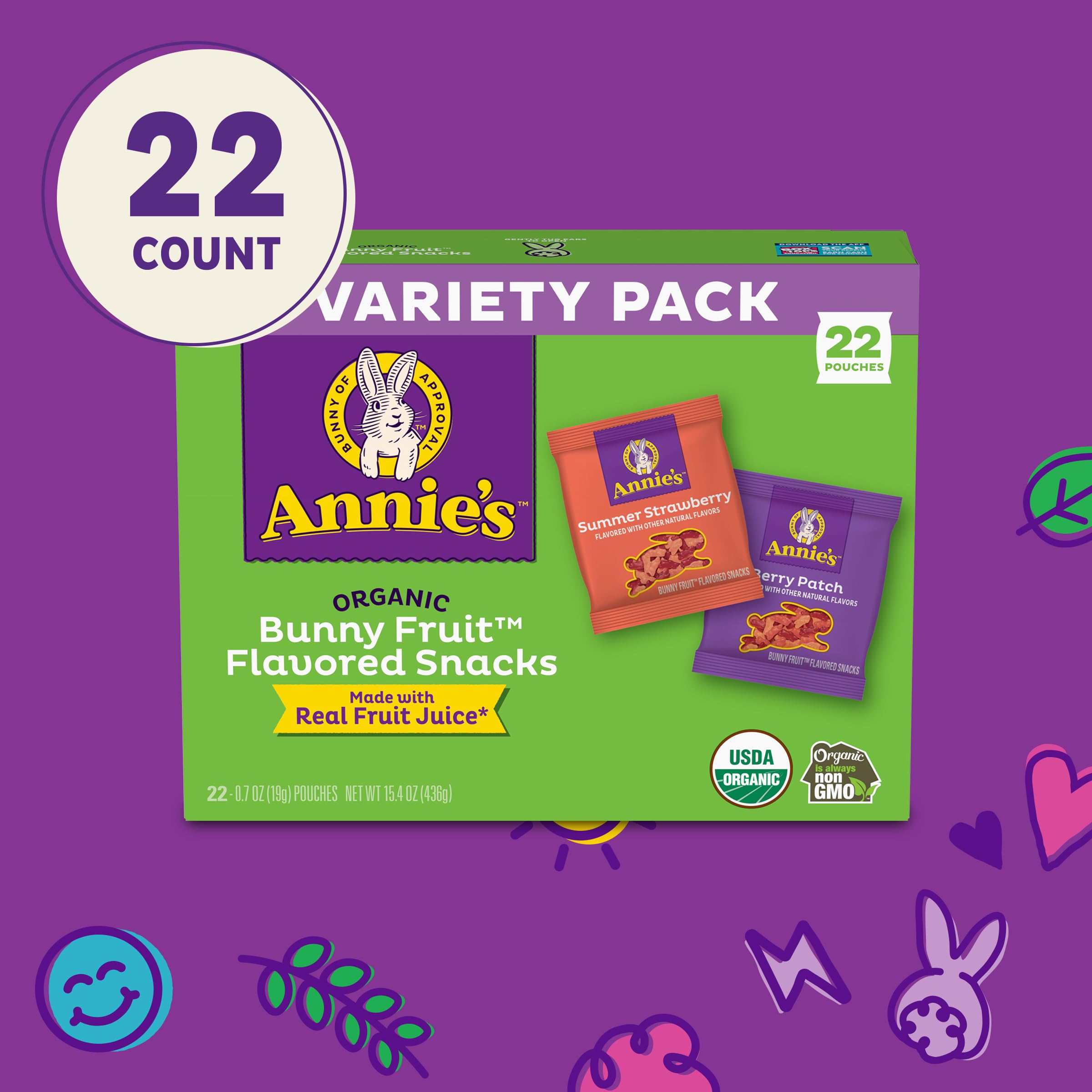 Organic Bunny Fruit Snacks Variety Pack - Gluten Free, Non-GMO, 15.4oz (22 Pouches) | Easter Basket Fillers, Kids Lunch Box Snacks, Healthy Treats for School & Parties