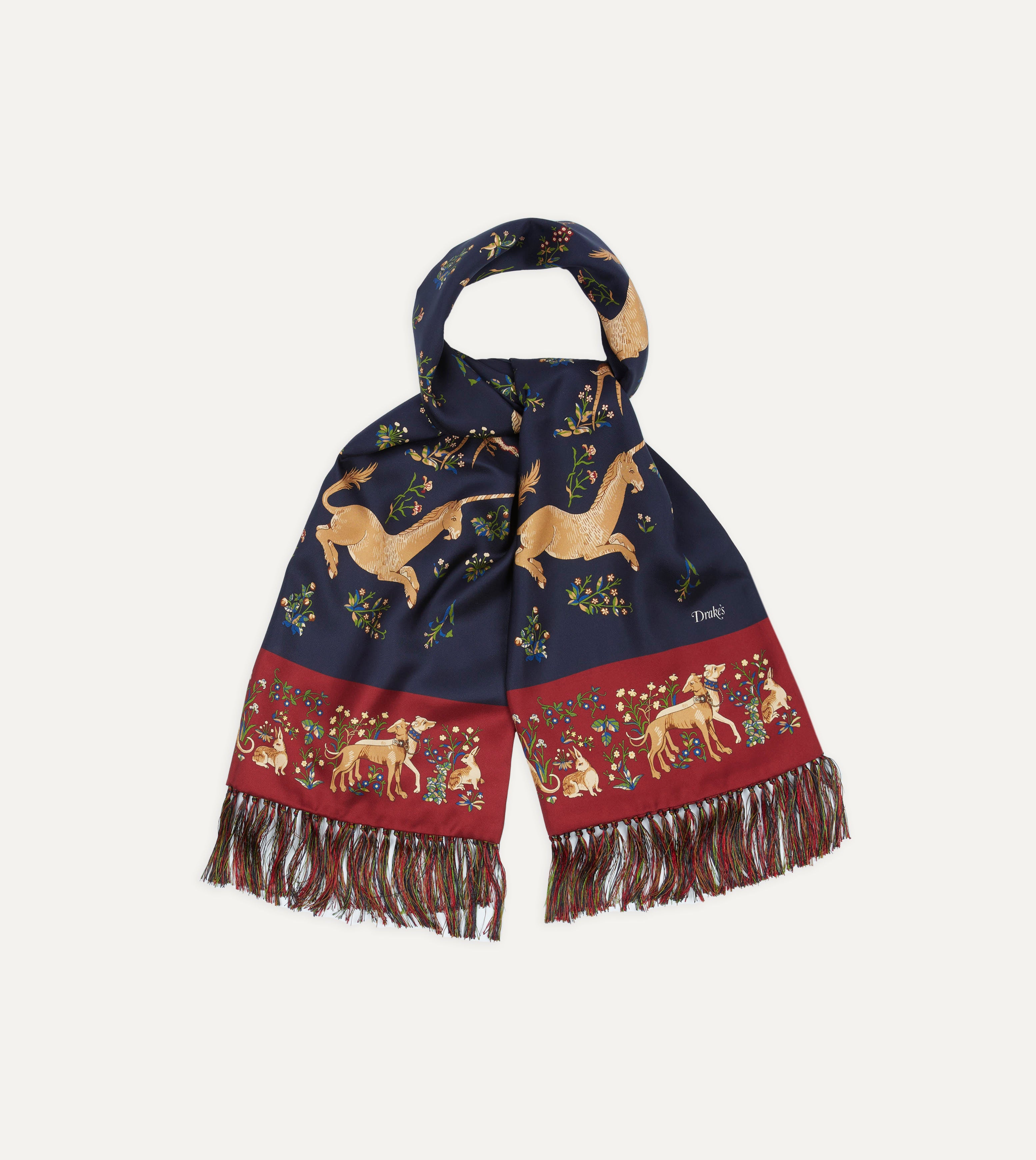 Navy Blue Unicorn Print Silk Scarf with Tassels - Elegant Fashion Accessory for Women, Perfect for Parties, Weddings, and Everyday Wear