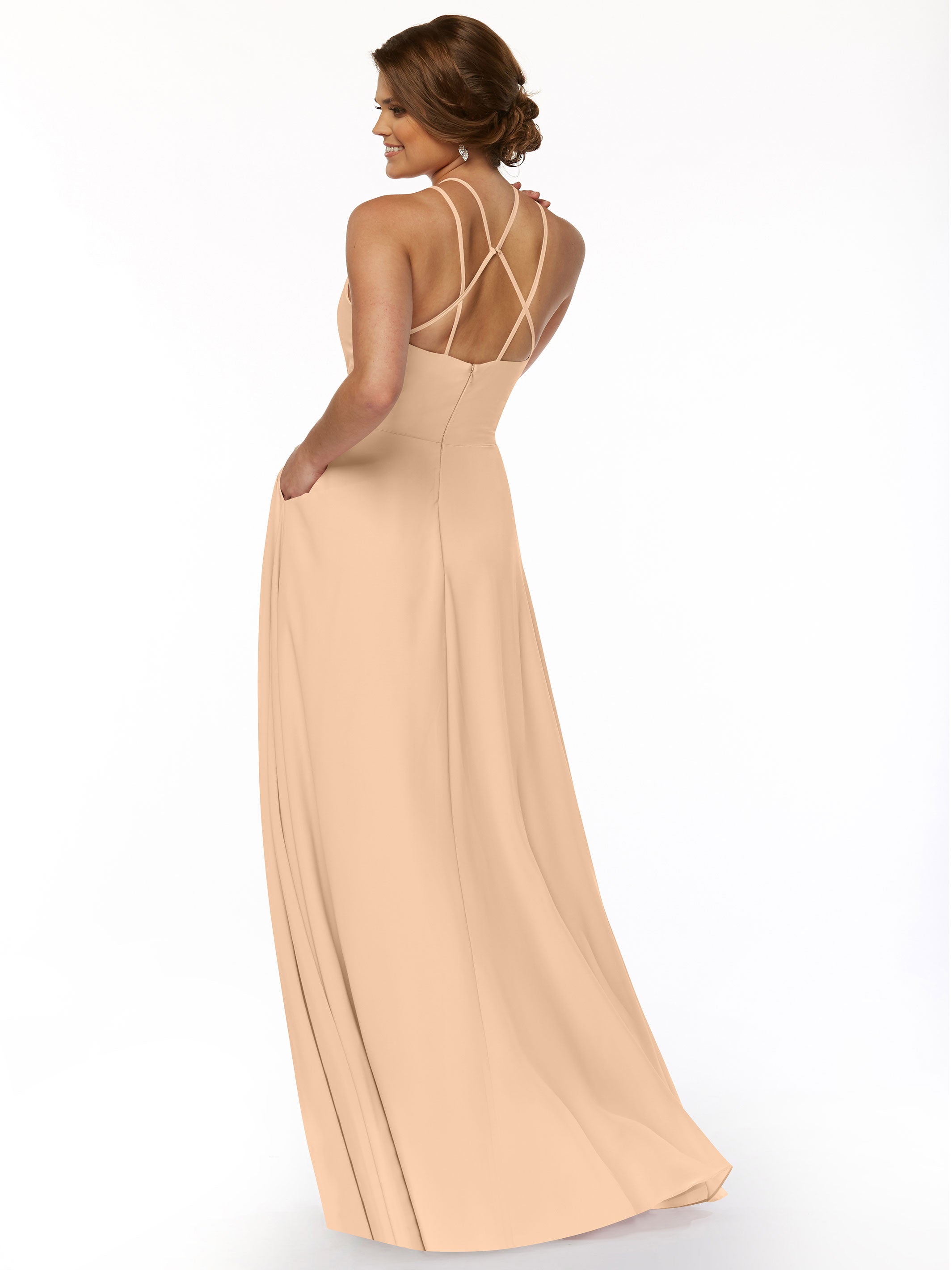 Elegant 83006 Stretch Chiffon A-Line Bridesmaid Dress with Halter Neckline - Perfect for Weddings, Formal Events & Special Occasions