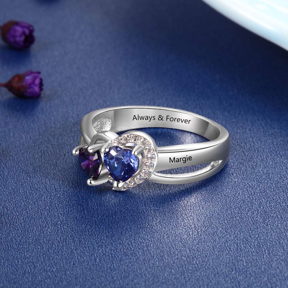 Promise Rings for Women - Personalized Love Heart Engagement Bands with 2 Simulated Birthstones & Custom Names - Perfect for Anniversaries, Valentine's Day Gifts & Romantic Proposals