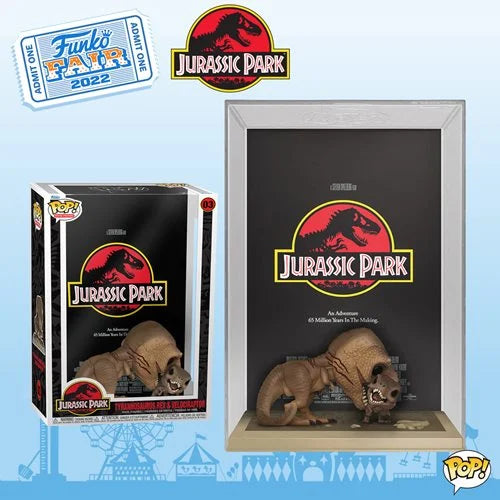 Jurassic Park T-Rex 6 Inch Pop! Vinyl Figure & Velociraptor Pop! Movie Poster Set with Display Case - Perfect for Collectors, Movie Fans, and Home Office Decor