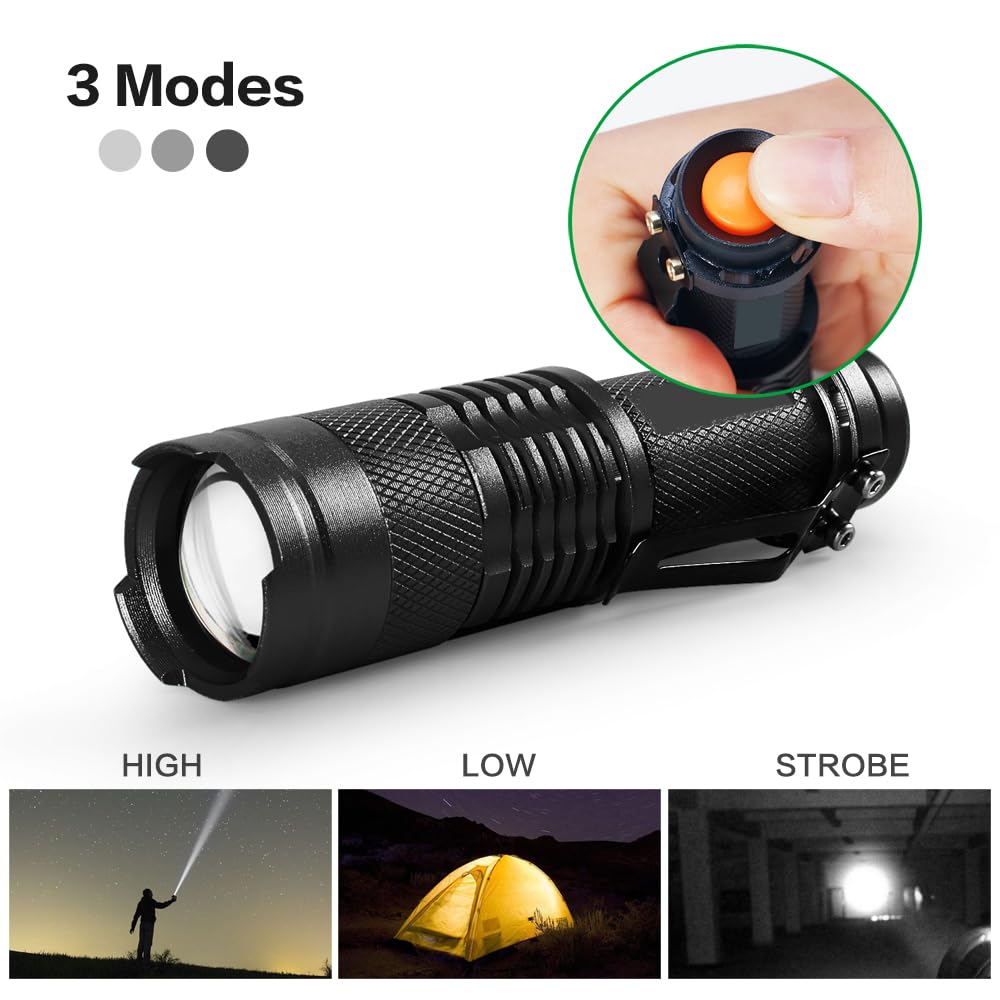 3 Pack Mini LED Flashlights - Bright Compact Flashlight with Clip, 3 Modes & Zoomable Focus | Waterproof & Drop Resistant for Emergency, Camping, Hiking & Power Outages