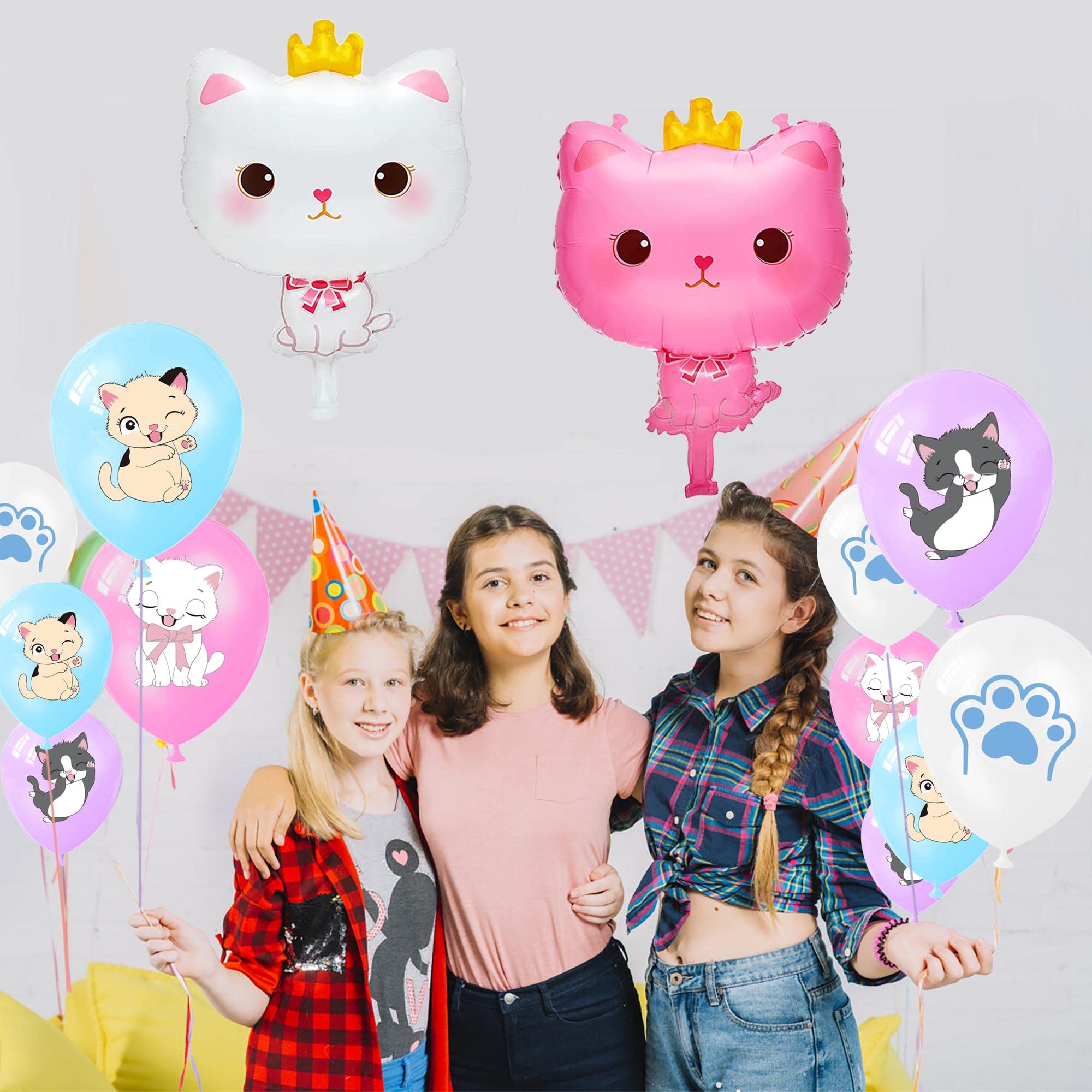 16 Cartoon Cat Print Latex Balloons & 4 Crown Cat Foil Balloons - Kitty Theme Party Decorations for Birthday, Baby Shower, Cat Lover Celebration - Perfect for Indoor/Outdoor Events, Photo Backdrops & Themed Parties