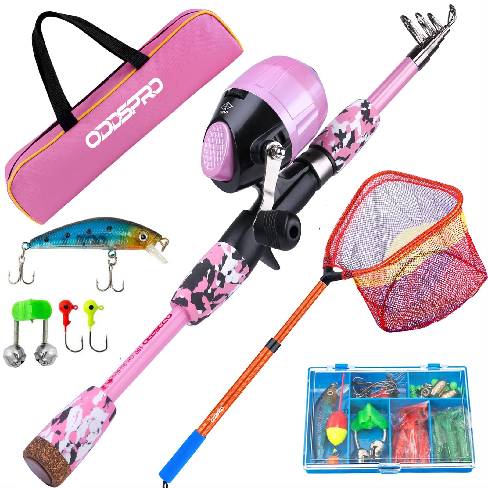 ODDSPRO Kids Fishing Pole Set with Fishing Net - Lightweight & Durable Fishing Gear for Children - Perfect for Outdoor, Beach, Lake & Backyard Fishing Adventures