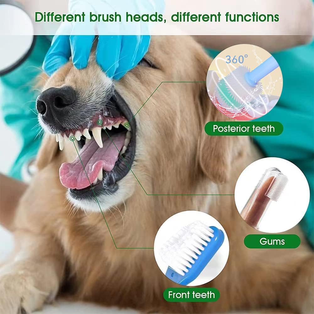 Triple Head Dog Toothbrush Set - Double Head & Finger Rubber Toothbrushes for Dogs & Cats - Multi-Angle Dental Cleaning Kit for Pet Oral Health - Perfect for Daily Teeth Cleaning & Dental Care Routine