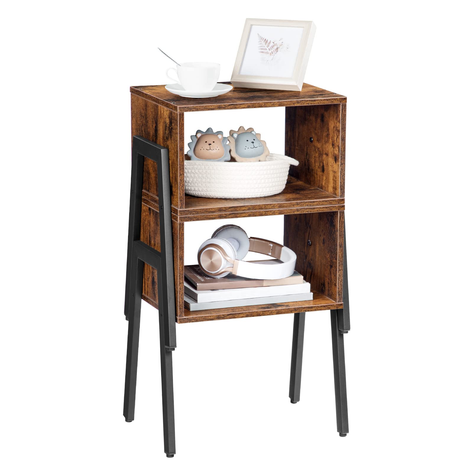 HOOBRO Set of 2 Stackable Nightstands with Open Storage Shelf - Rustic Brown End Tables for Bedroom & Living Room | Perfect as Bedside Tables, Sofa Side Tables or Small Space Furniture