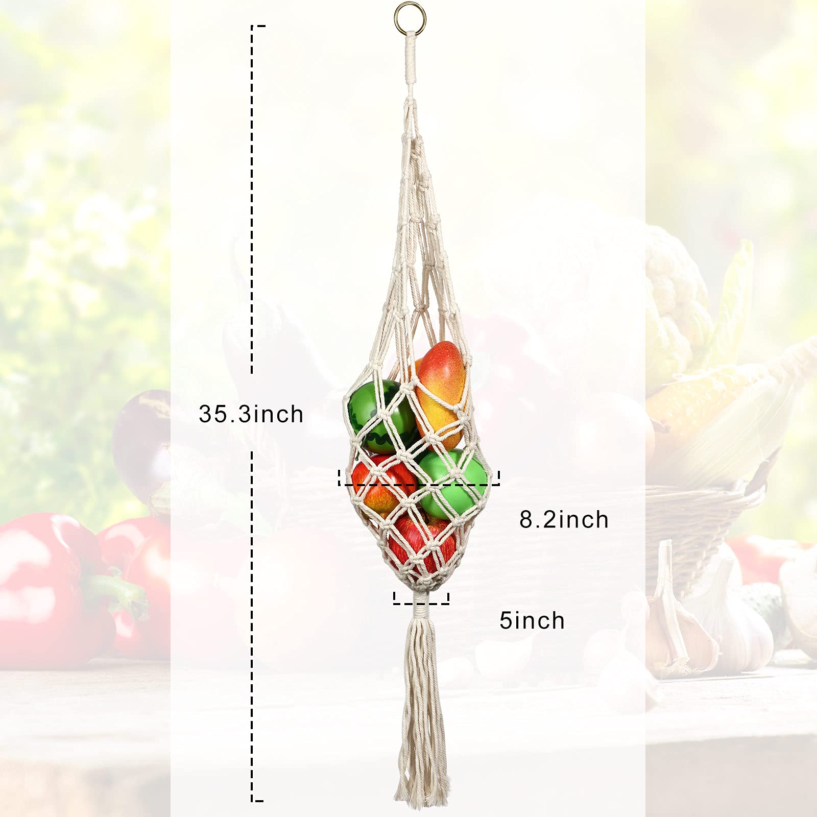 Geiserailie 2-Pack Macrame Hanging Fruit Basket - Breathable Storage for Potatoes, Onions & Produce - Boho Kitchen Decor for Pantry, Farmhouse & Organic Food Display