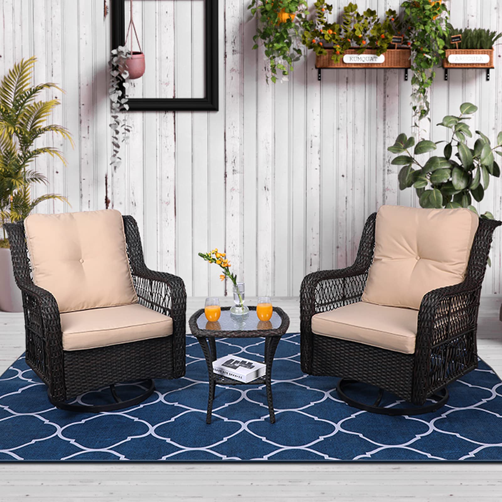 VIVIJASON 3-Piece Outdoor Patio Furniture Set - Wicker Rattan Bistro Conversation Set with Cushioned Swivel Rocking Chairs & Glass-Top Coffee Table, Thickened Beige Cushions - Perfect for Garden, Backyard, Balcony or Poolside Relaxation