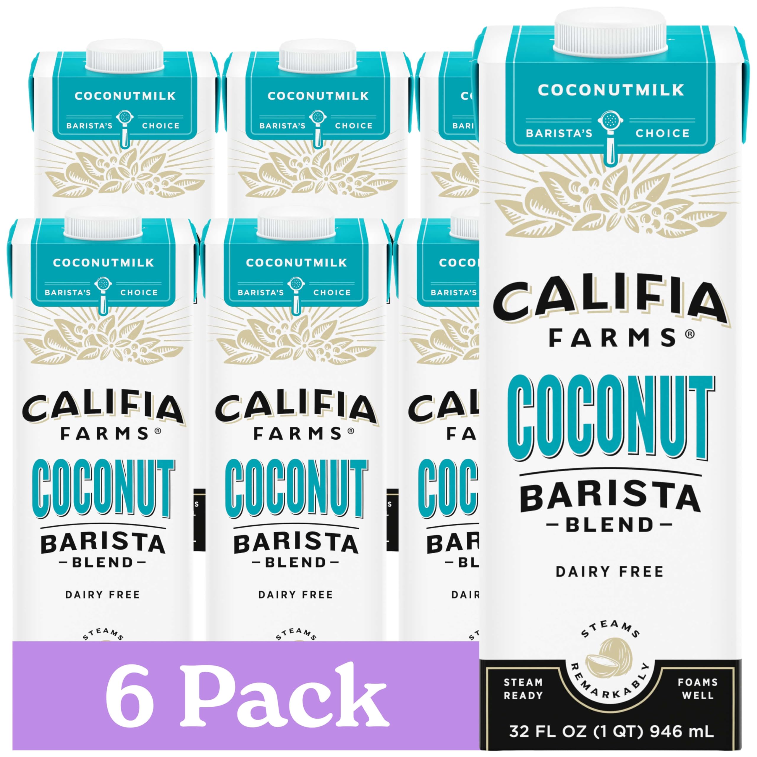 Califia Farms Coconut Barista Blend Milk - 32 oz (Pack of 6) | Shelf-Stable, Dairy-Free, Vegan, Non-GMO Plant-Based Creamer | Perfect for Coffee, Smoothies & Baking