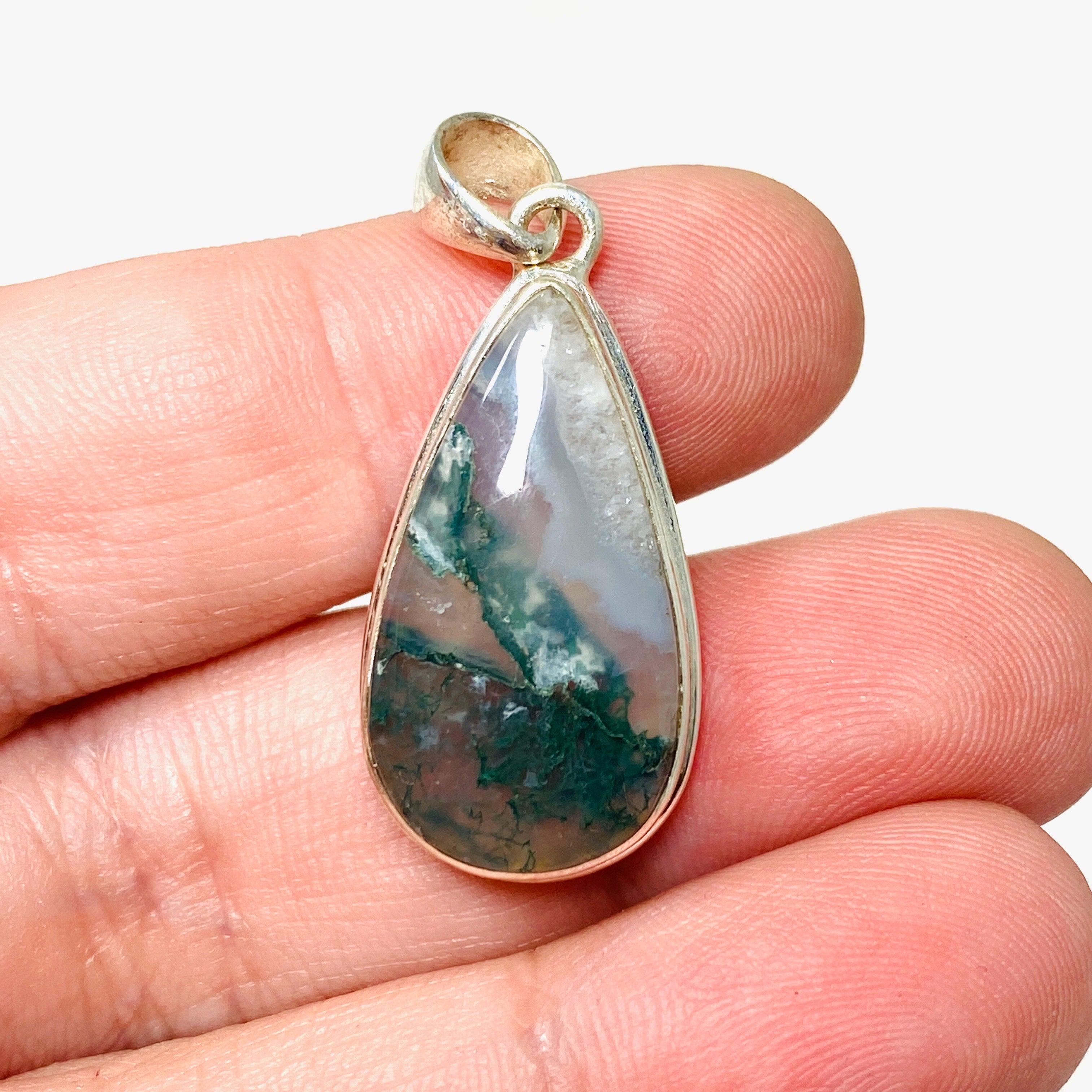 Natural Moss Agate Teardrop Pendant Necklace - 925 Sterling Silver Jewelry KPGJ3625 | Healing Crystal Gift for Women, Meditation & Spiritual Protection