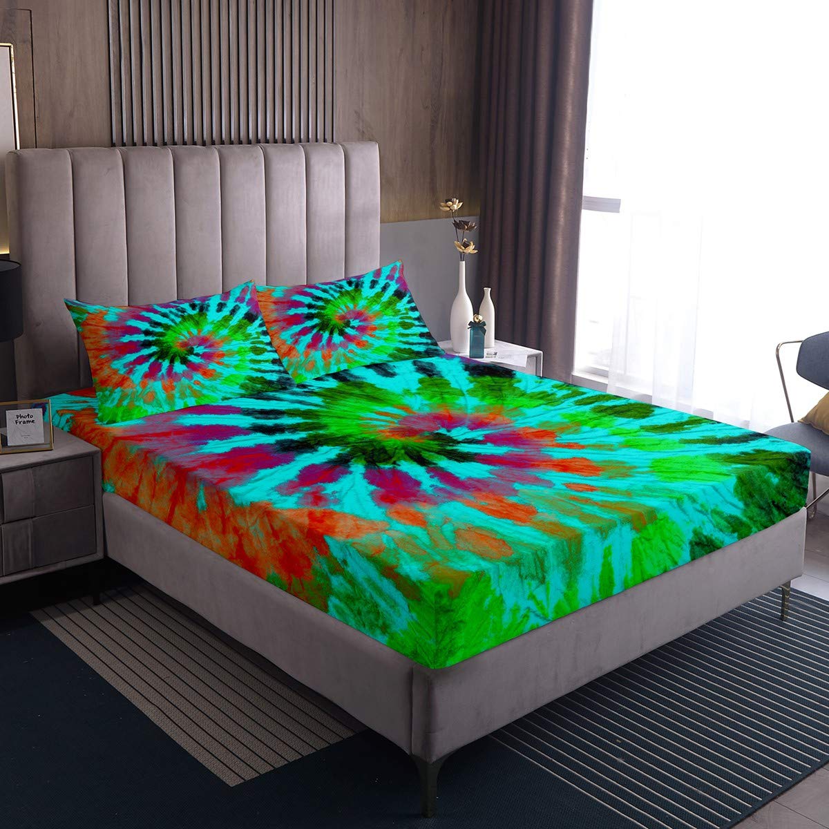 Soft & Warm Green Spiral Dyeing Kids Bed Sheet Set - 3 Piece Queen Size (1 Fitted Sheet + 2 Pillowcases) | Colorful Duvet Cover for Children's Room Decor | Cozy Bedding for Winter & Nursery