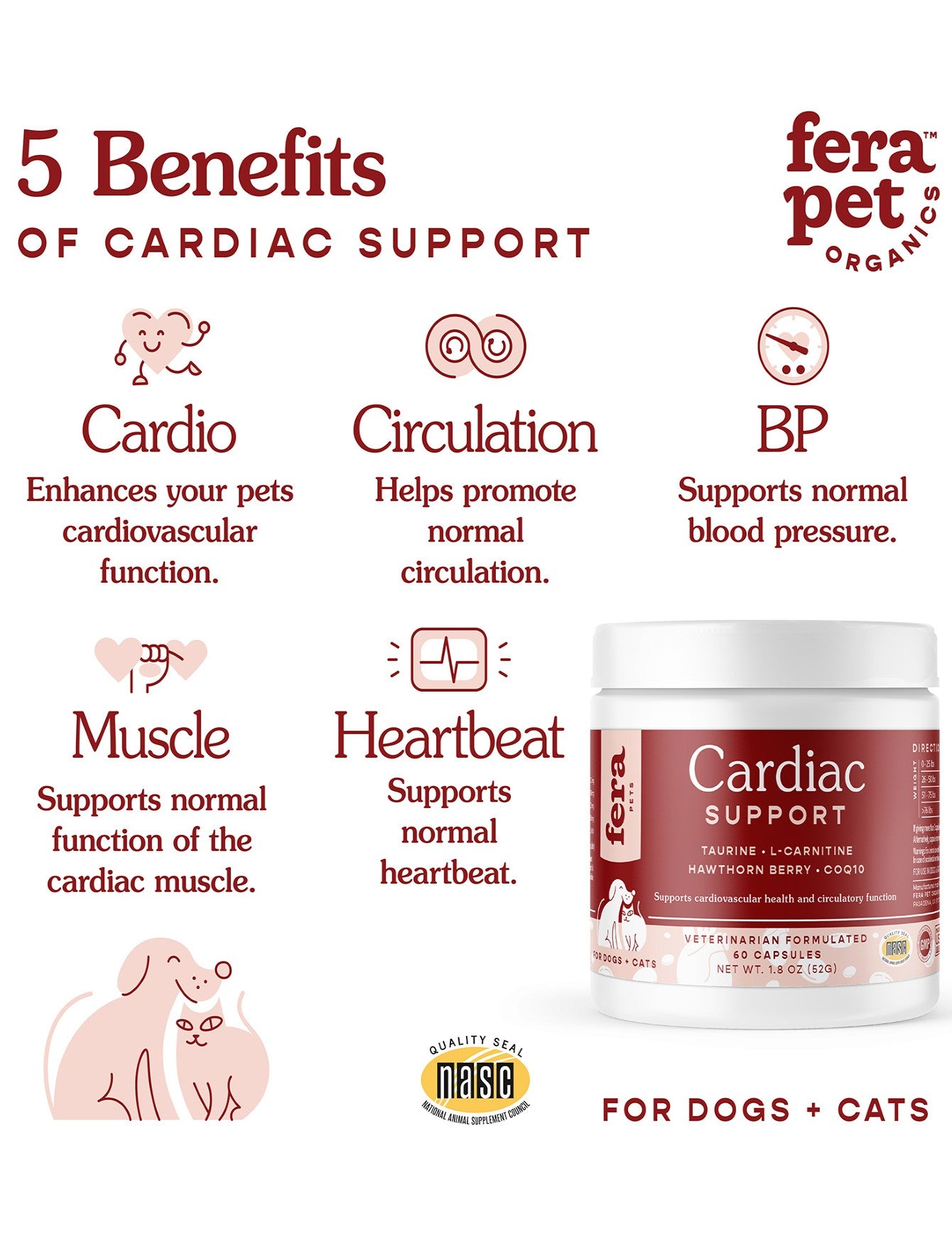 Fera Pet Organics Cardiac Support Supplement for Dogs & Cats - 60 Capsules | Heart Health Support for Pets | Vet-Recommended Formula for Senior Dogs & Cats with Heart Conditions