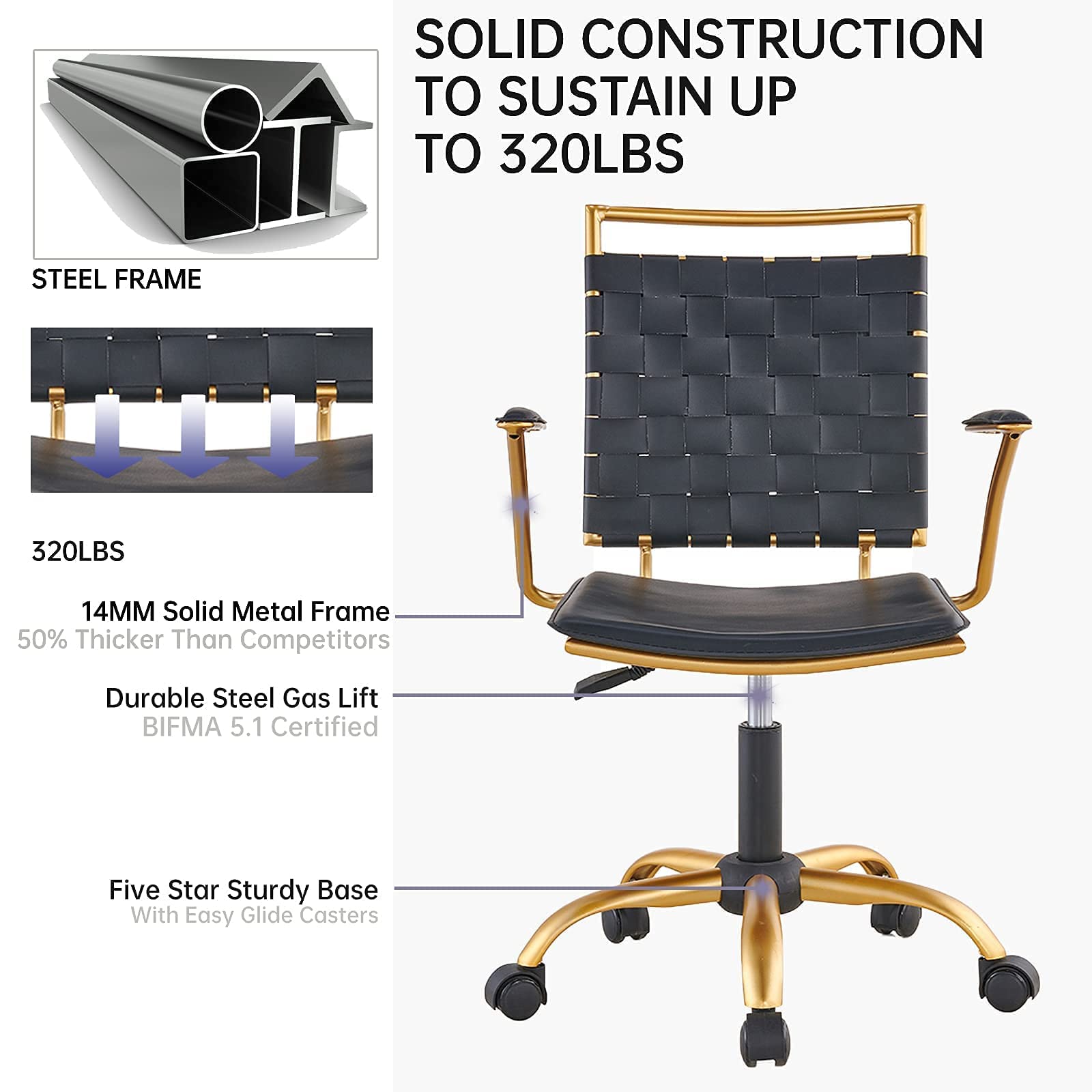 Premium Modern Leather Office Chair - Gold & Black Mid Back Swivel Task Chair with Wheels & Arms - Ergonomic Computer Desk Chair for Home & Conference Room - Comfortable for Long Work Hours (Black)