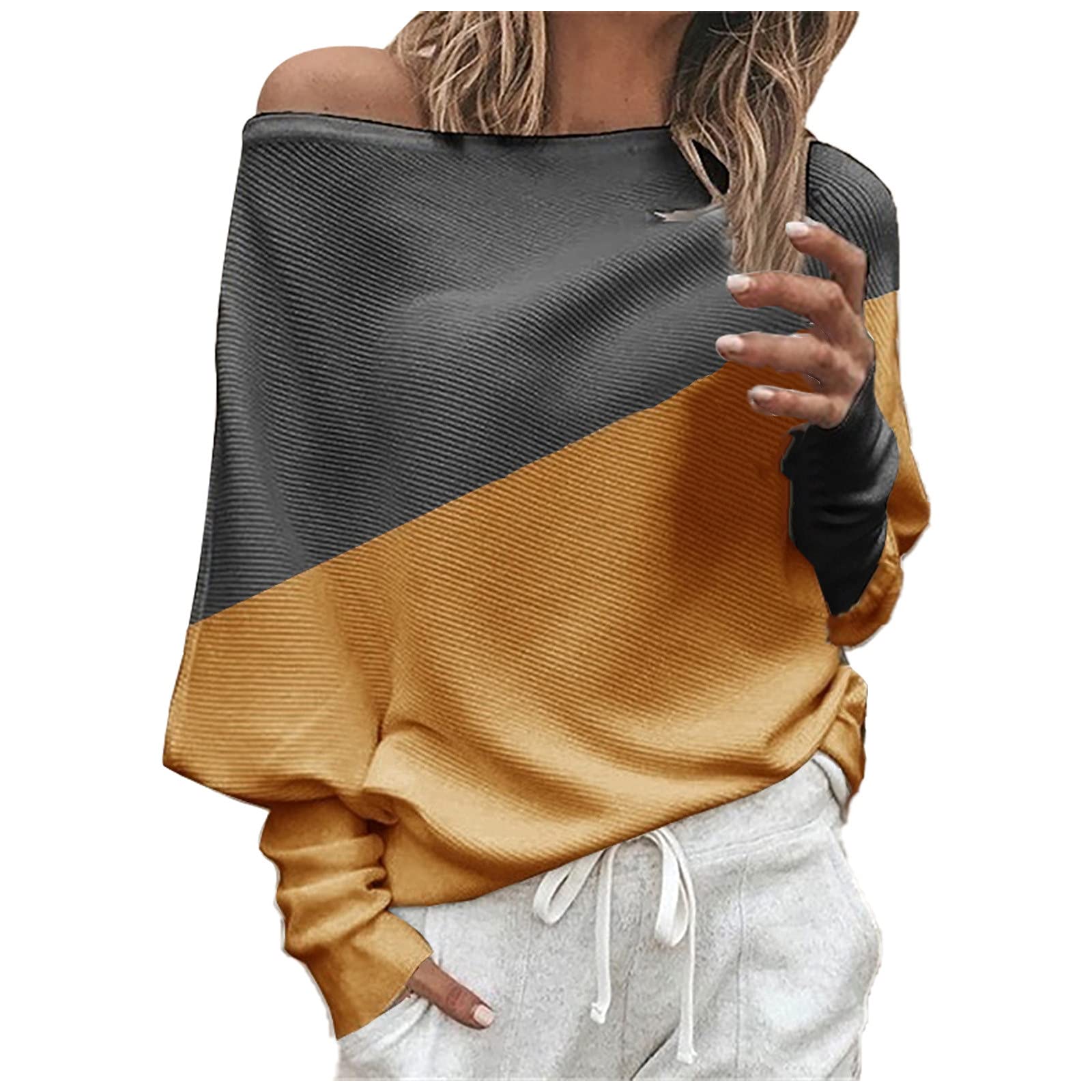 Women's Off-The-Shoulder Long Sleeve T-Shirt - Color Block Patchwork Oversized Blouse for Fall | Casual & Dressy Loose Fit Top for Date Night, Office Wear & Weekend Outings