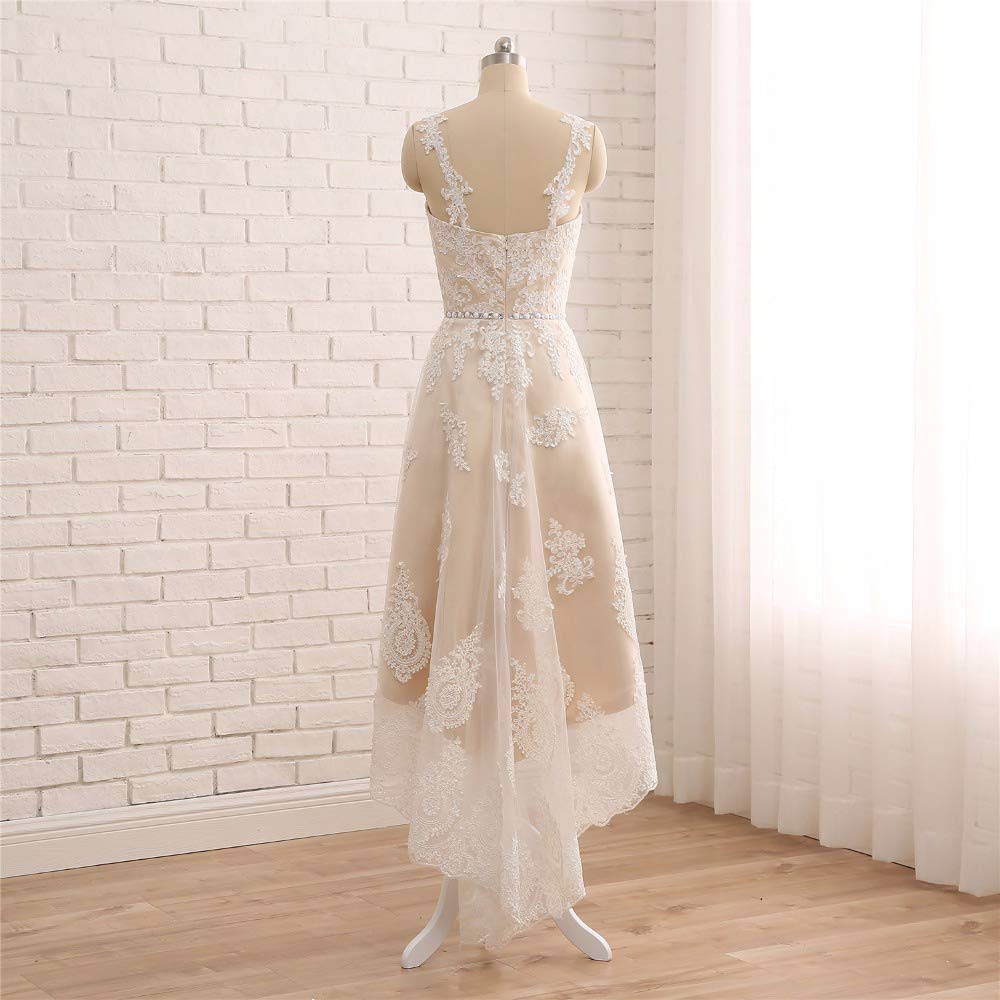 Elegant Detachable Lace Wedding Dress with Spaghetti Straps - High-Low Hem Bridal Gown for Beach, Garden & Outdoor Ceremonies | Tsbridal