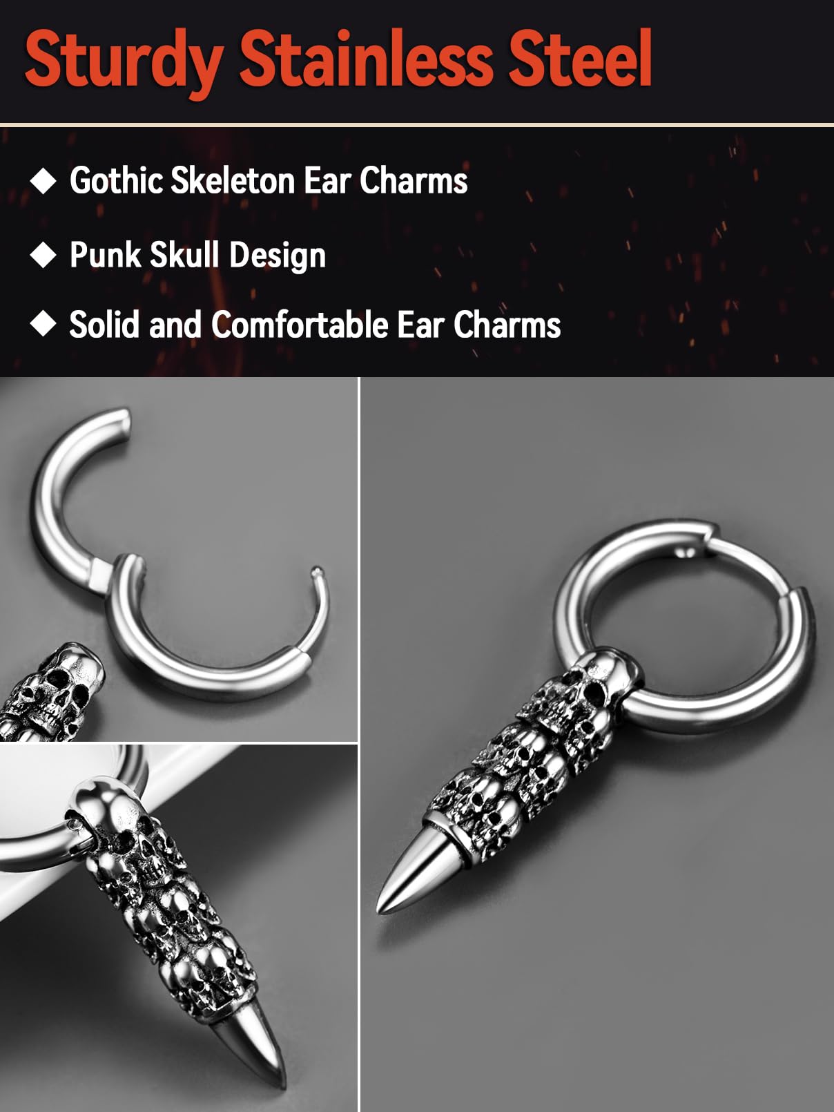 Gothic Skull Earrings for Men - Punk Skull Stud & Hoop Earrings in Stainless Steel & Black - Cool Halloween Jewelry with Gift Box - Perfect for Punk Fashion, Gothic Style & Halloween Costumes