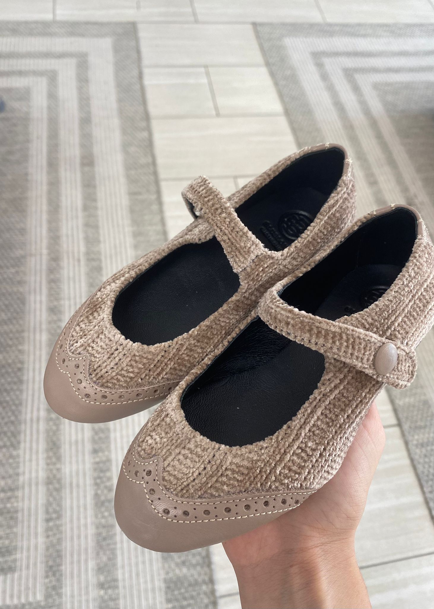 Blublonc Taupe Sweater Wingtip Mary Jane Shoes - Comfortable & Stylish Women's Flats for Work, Office & Casual Outfits