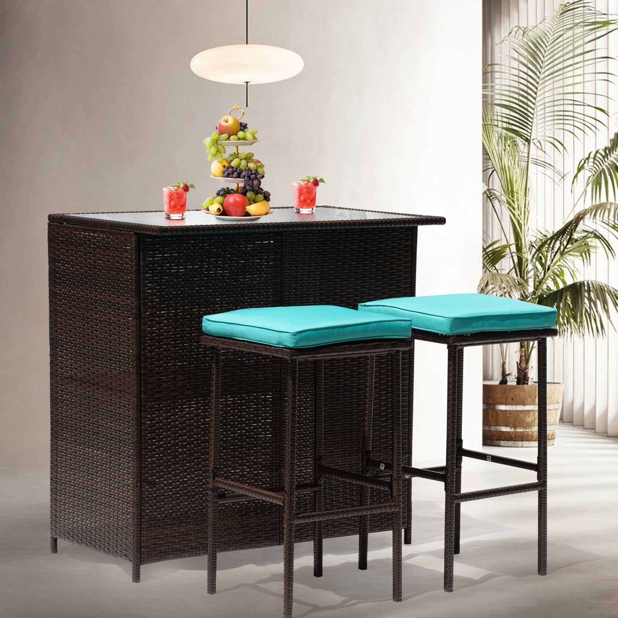 3-Piece Outdoor Bar Set - Wicker Counter Height Table with Glass Top & 2 Bar Stools - Patio, Poolside, Porch Furniture for Indoor/Outdoor Use - Blue Rattan Dining Set Perfect for Backyard Entertaining & Relaxation