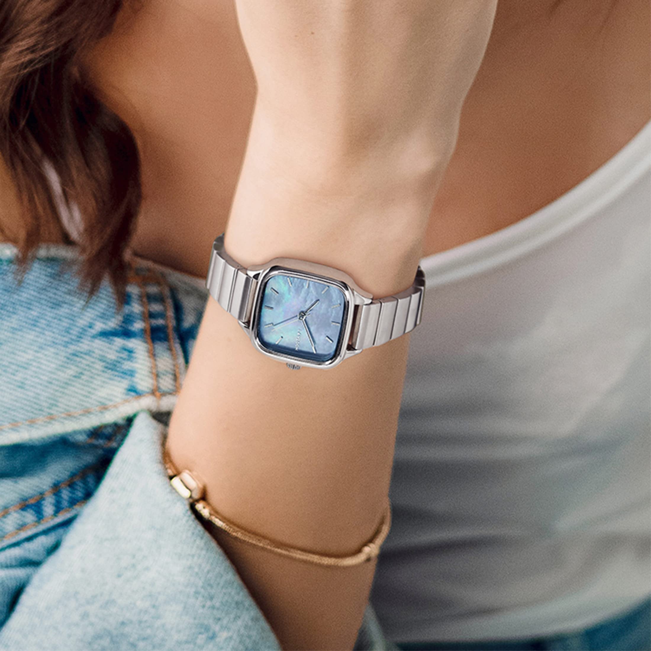 LANZOOM Women's Square Stainless Steel Quartz Watch - Fashionable & Versatile Wristwatch with Square Dial - Perfect Holiday Gift & Special Occasion Present for Her (Great for Office, Party & Everyday Wear)