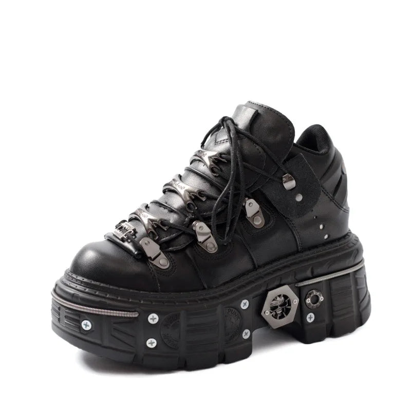 Gothic Punk Platform Sneakers for Women - Lace Up Round Toe Shoes with Metal Decorations & Thin Heels | Perfect for Nightclubs, Parties & Alternative Fashion Outfits