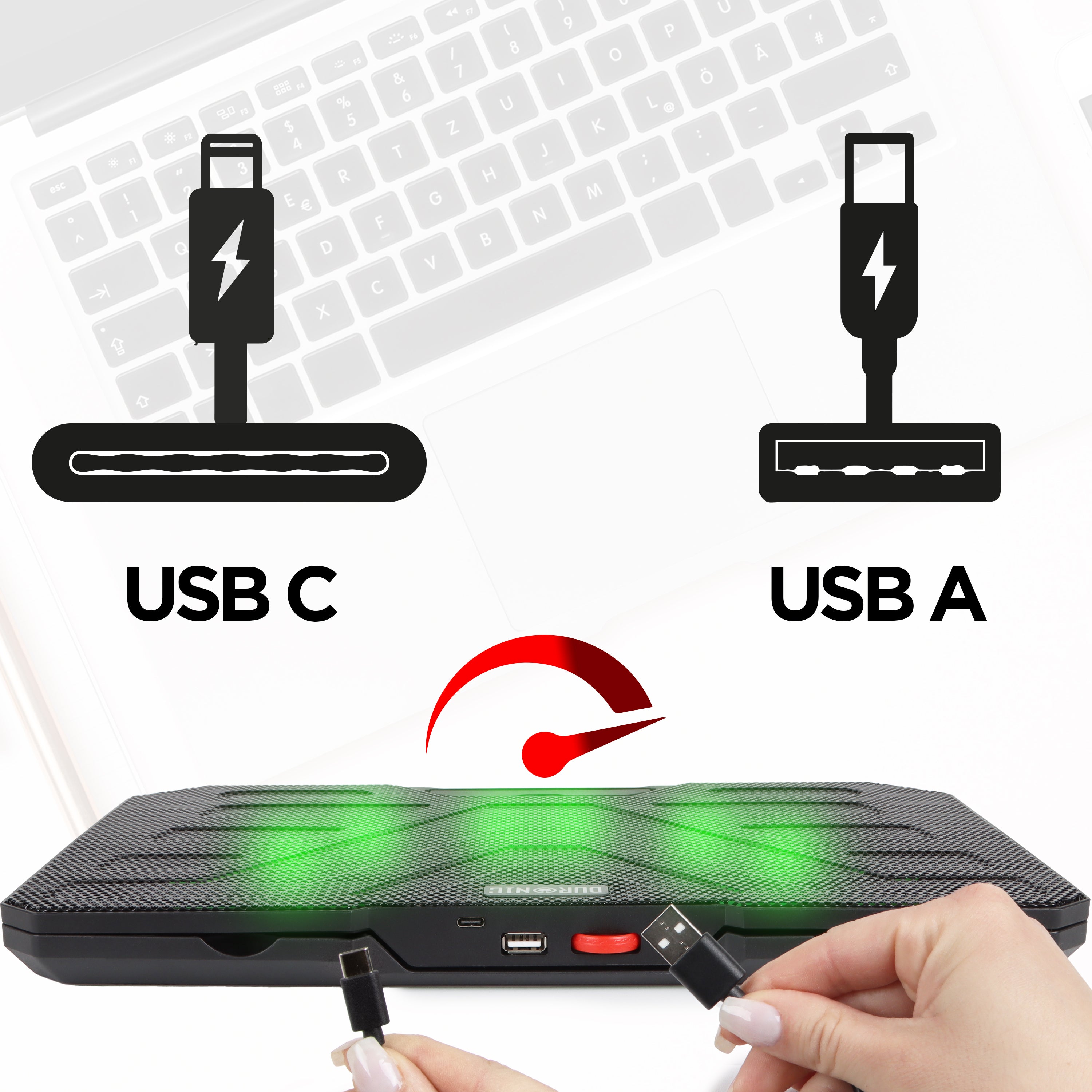 Duronic LC3 Laptop Cooling Pad - Adjustable 1400 RPM Fan, 6 Height Levels, LED Lights for 14-17.3