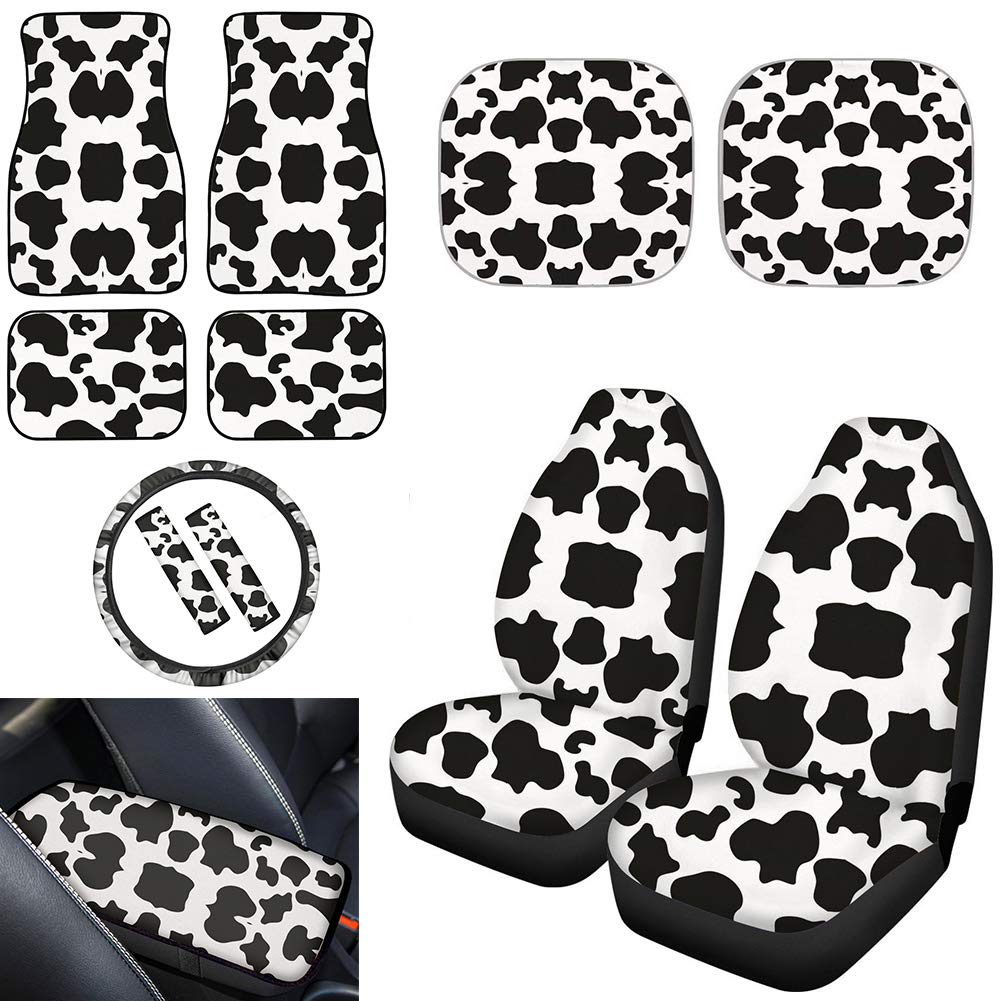 Cute White Cow Print Car Accessories Set - Universal Front Seat Covers, Steering Wheel Wrap, Floor Mats, Armrest Cover, Seat Belt Pads & Sunshade for Most Cars | Perfect for Road Trips & Daily Commutes