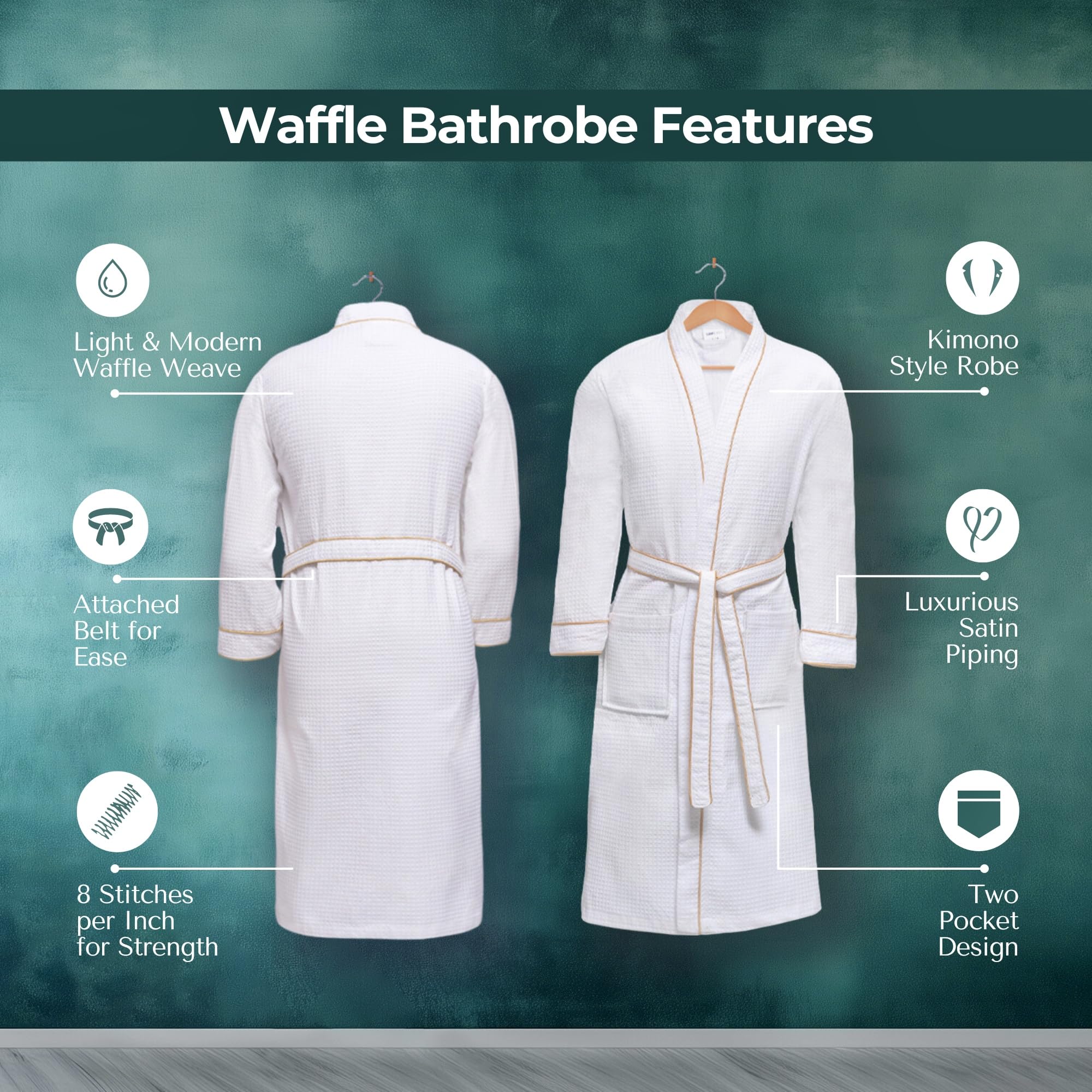 Looperry Unisex White Waffle Bathrobe with Dyed Satin Piping - Luxurious Lightweight Shower Robe in Organic Cotton Polyester Blend for Spa, Hotel & Home Relaxation