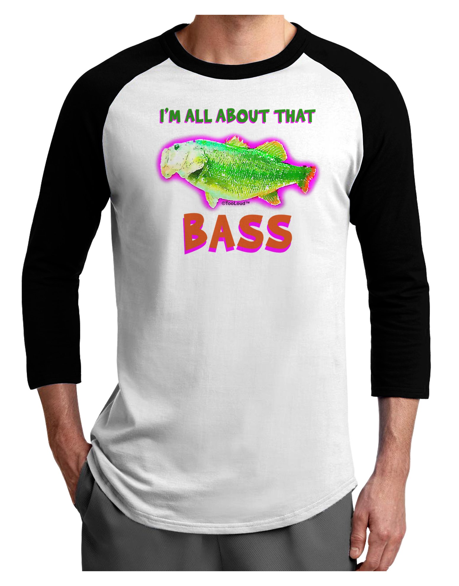 TOOLOUD All About That Bass Fish Watercolor Print Raglan Tee - Comfortable Vintage Style T-Shirt for Fishing Enthusiasts & Music Lovers - Perfect for Casual Wear, Outdoor Activities & Concerts